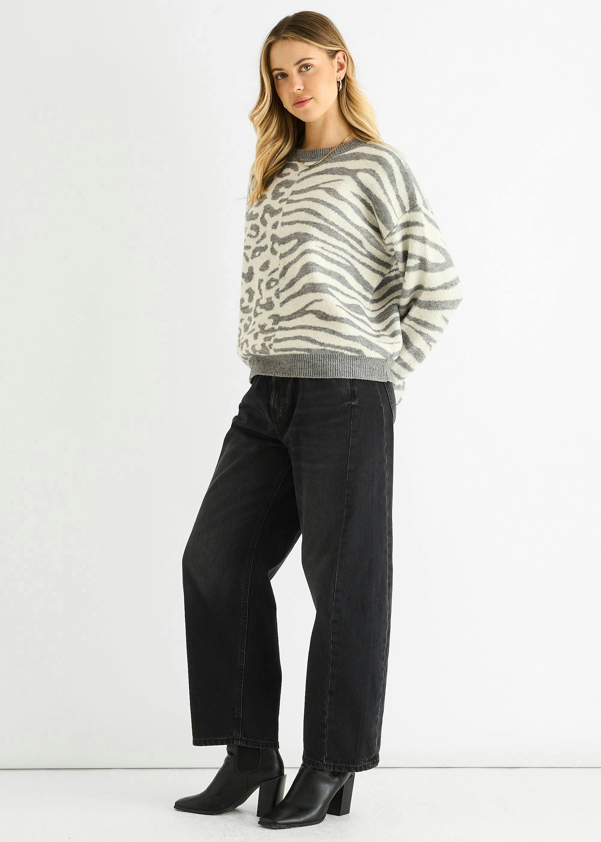 Grey Contrast Zebra Animal Knit Jumper , view 4 of 4