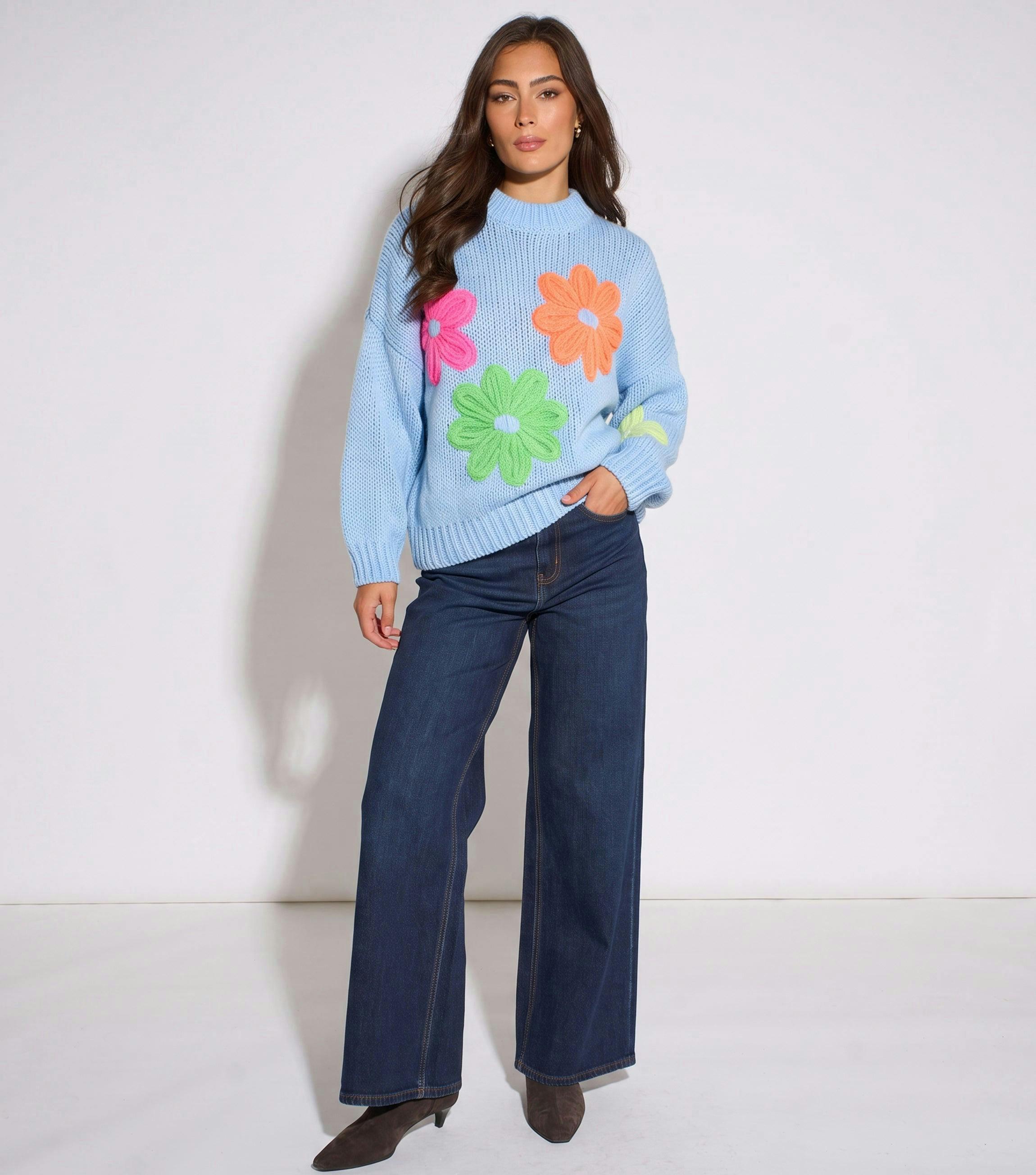 Blue Floral Crochet Chunky Knit Oversized Jumper , view 3 of 5