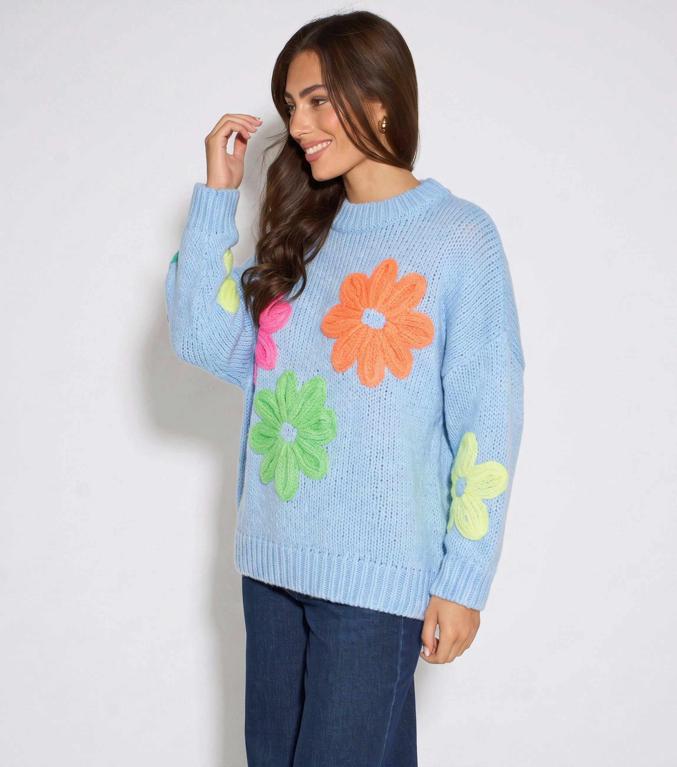 Blue Floral Crochet Chunky Knit Oversized Jumper , view 4 of 5