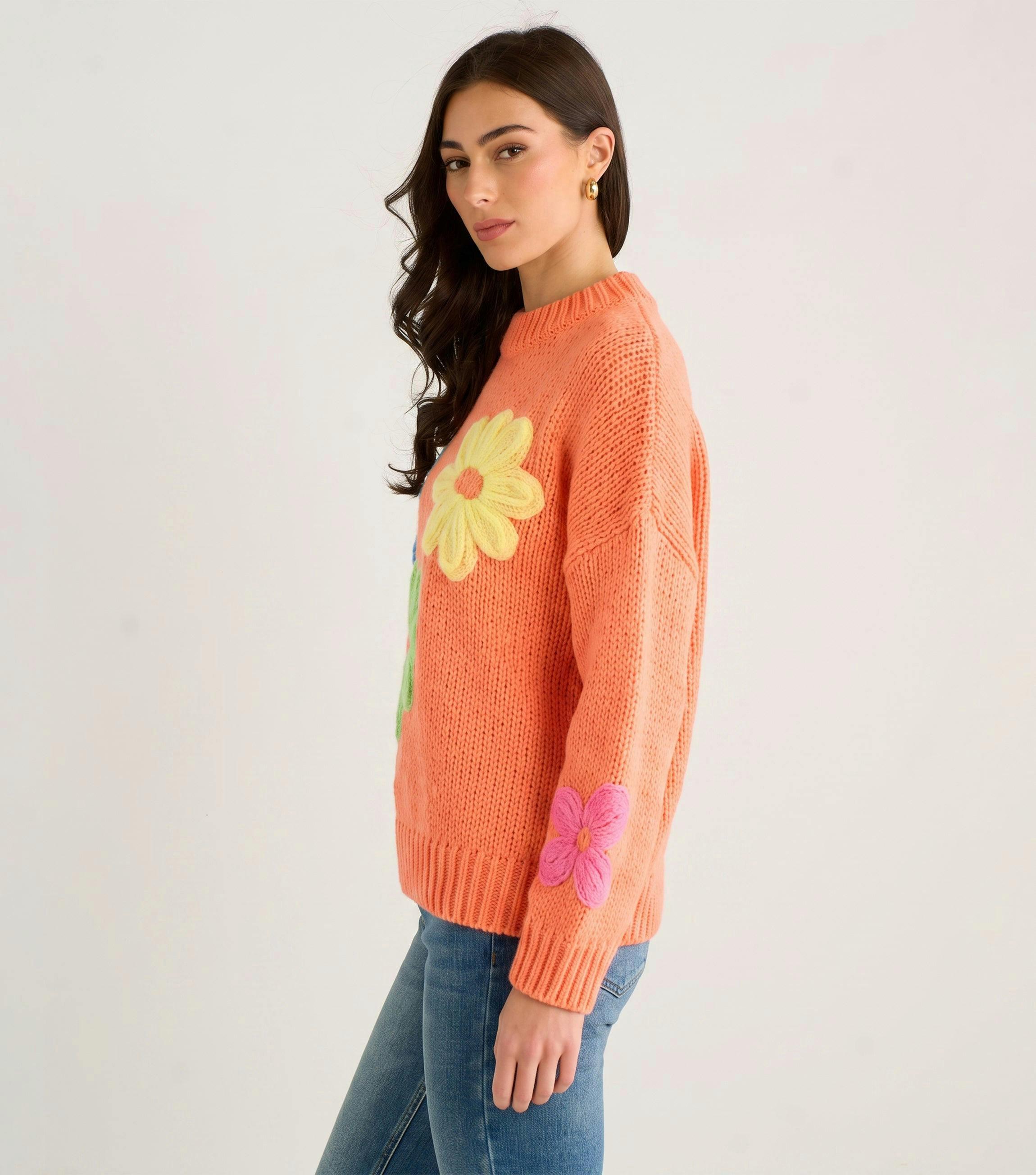 Orange Floral Crochet Chunky Knit Oversized Jumper , view 3 of 4