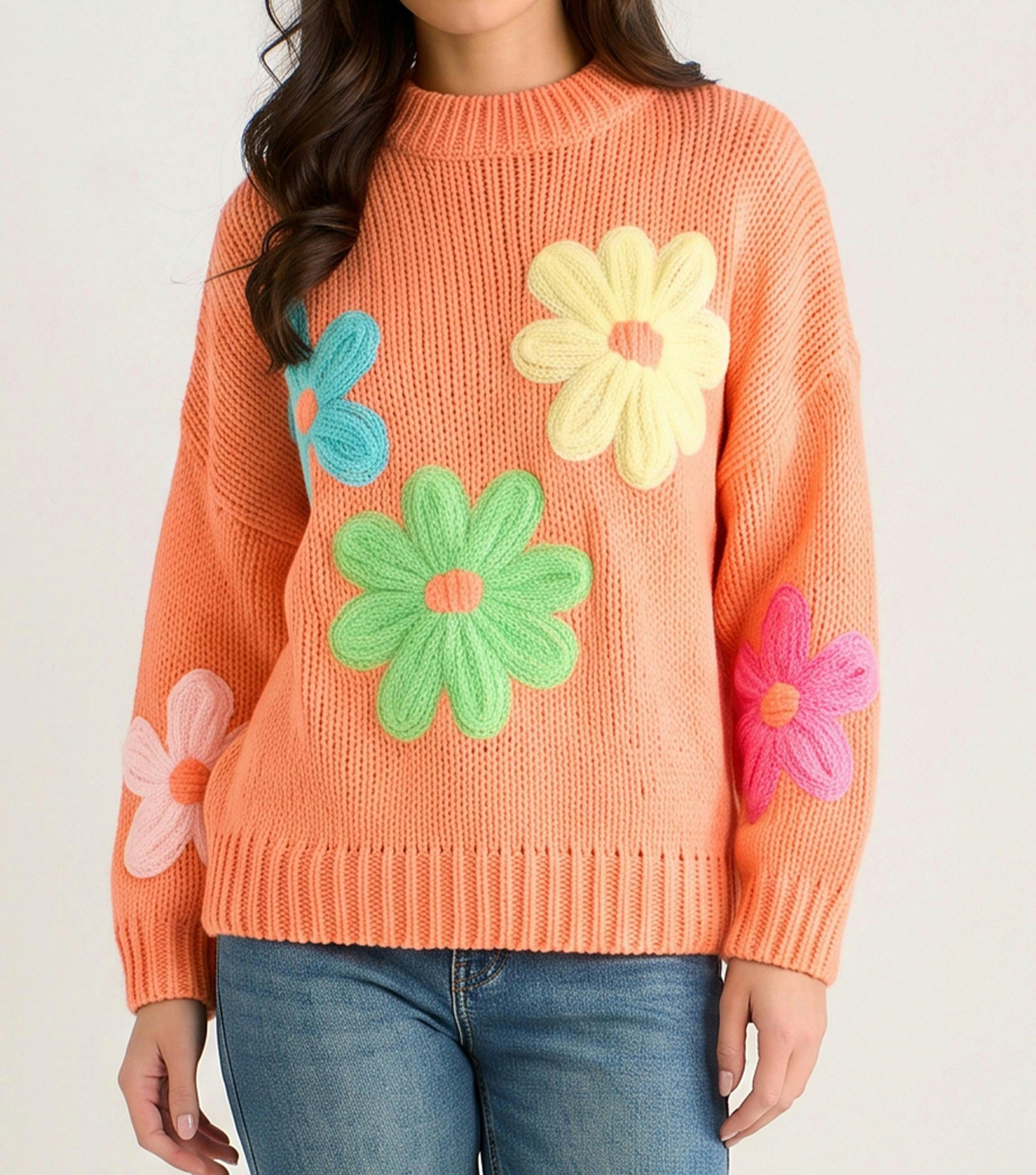 Orange Floral Crochet Chunky Knit Oversized Jumper , view 4 of 4
