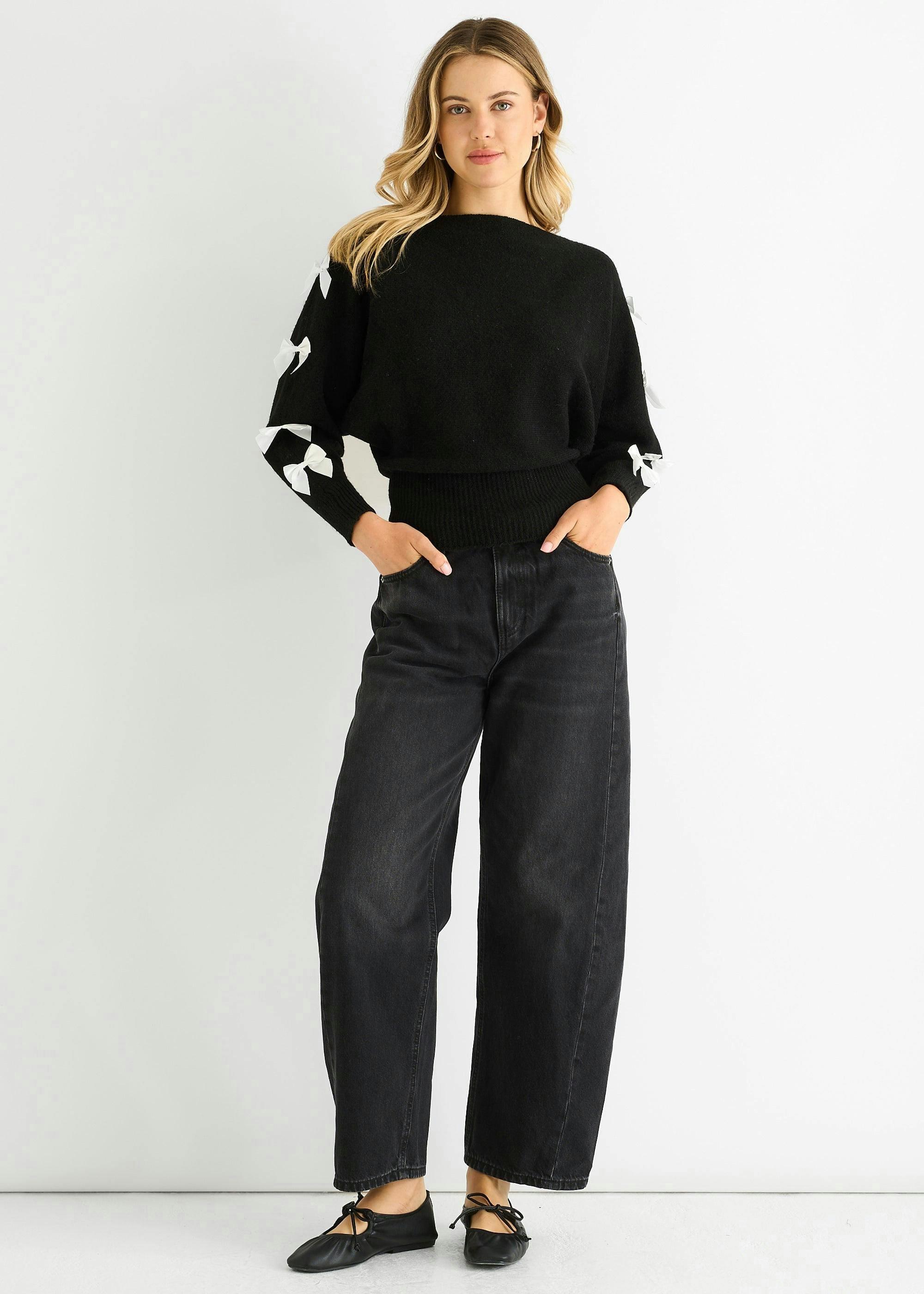Black Slash Neck Crop Bow Knit Jumper , view 3 of 4
