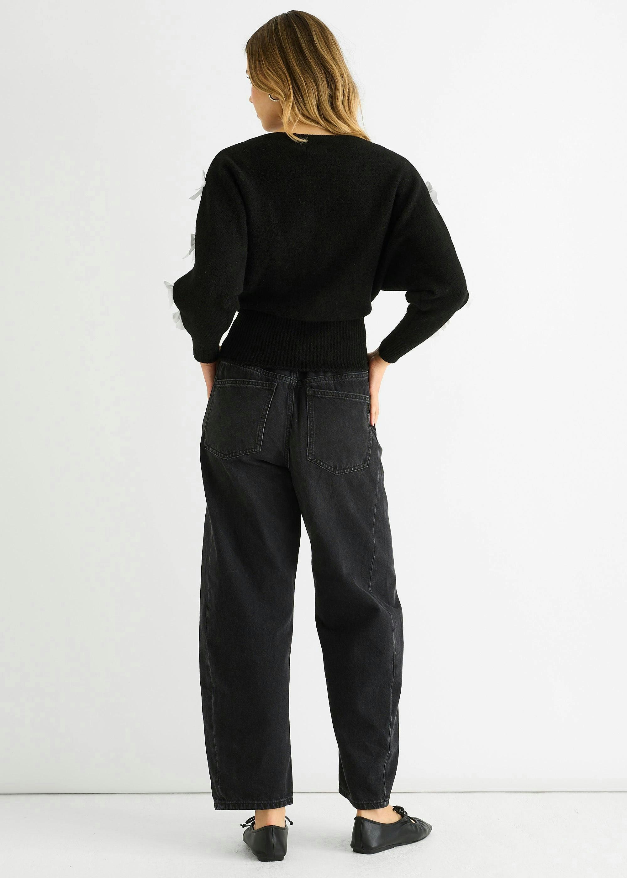 Black Slash Neck Crop Bow Knit Jumper , view 4 of 4