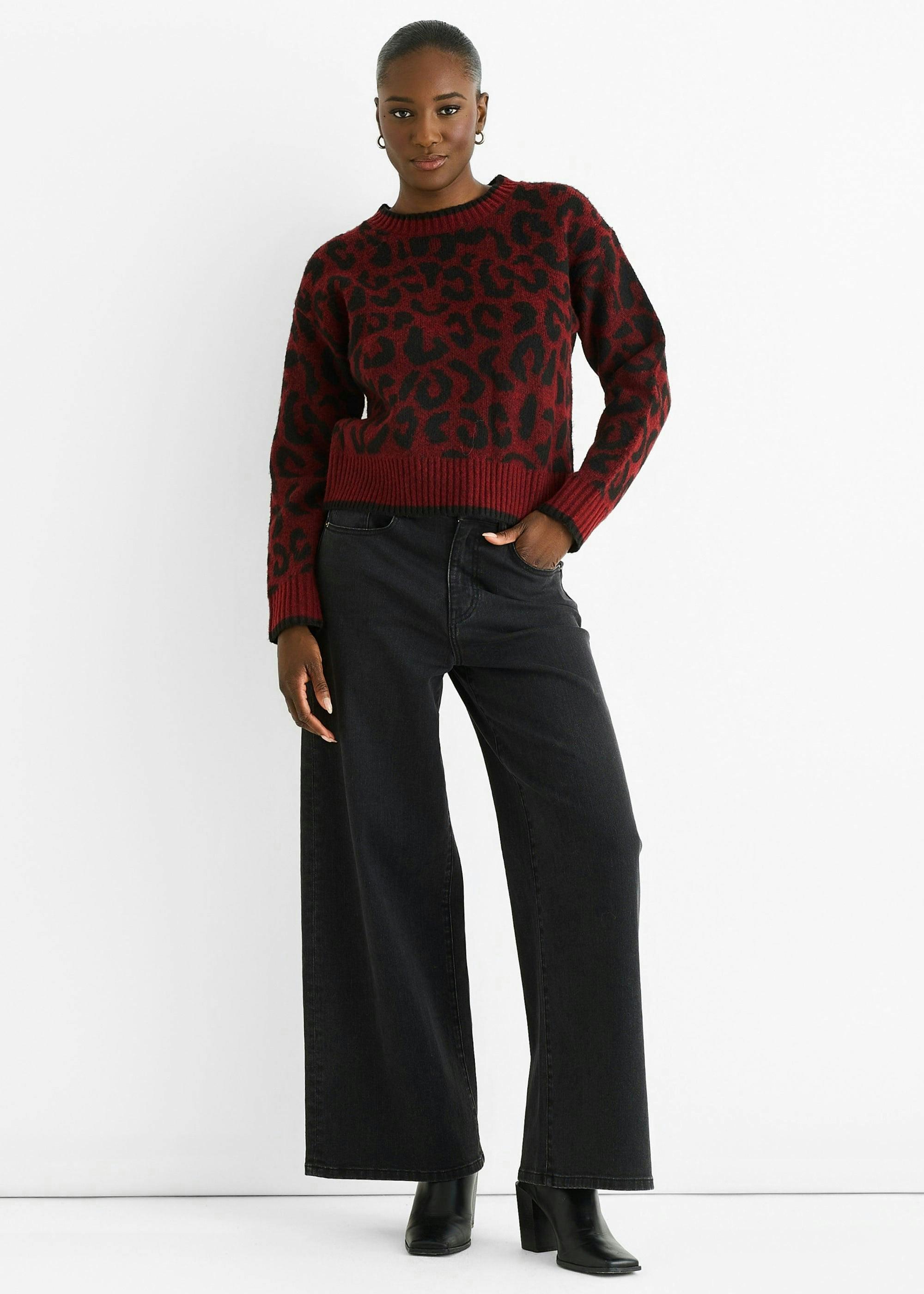 Burgundy Contrast Piping Animal Knit Jumper , view 2 of 4