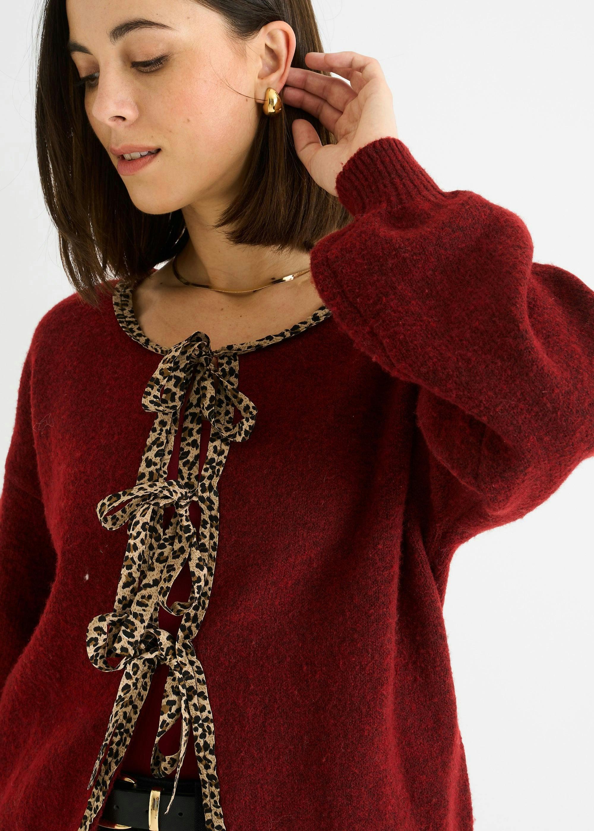 Burgundy Contrast Animal Tie Oversized Knit Cardigan , view 2 of 4