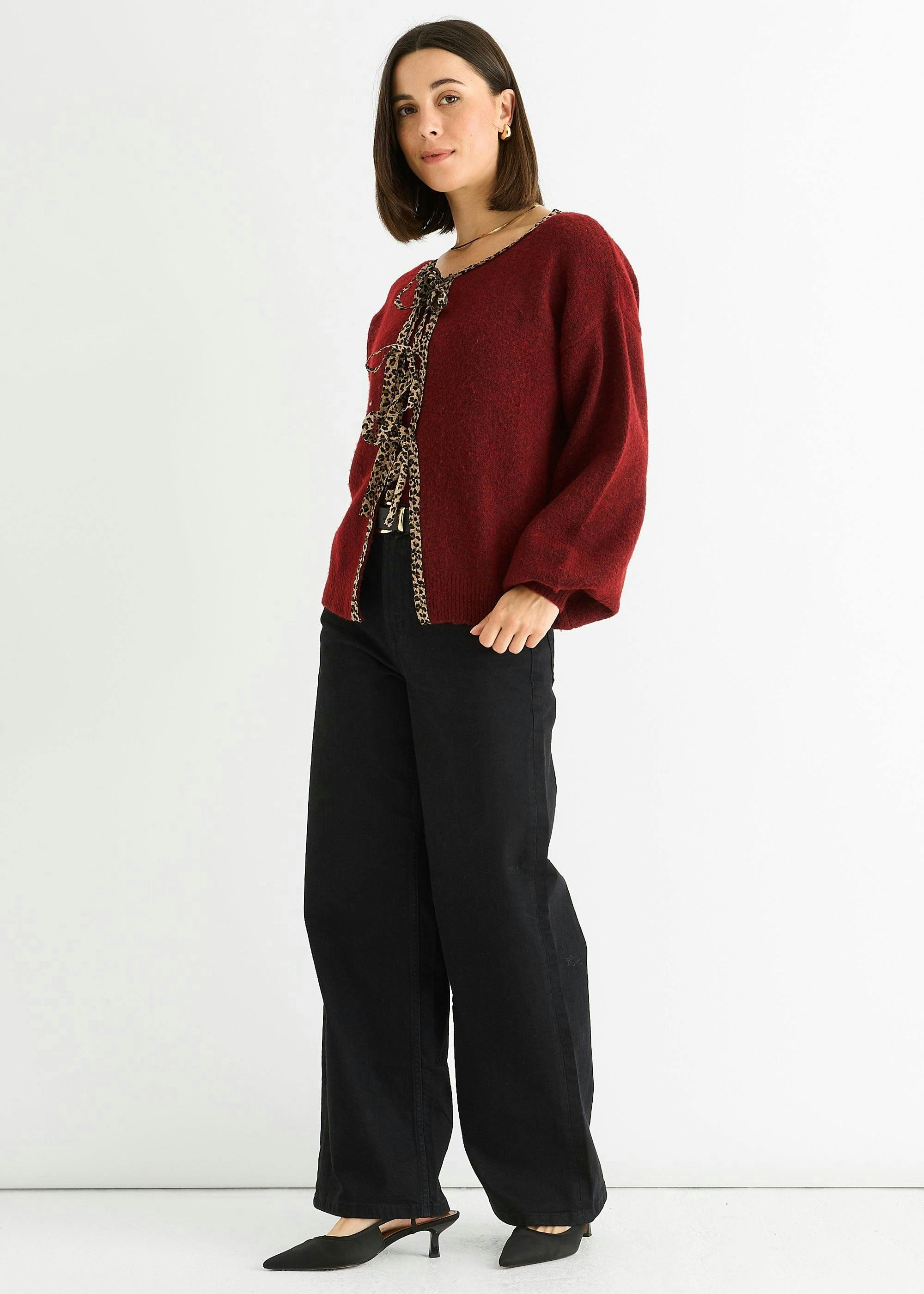 Burgundy Contrast Animal Tie Oversized Knit Cardigan , view 3 of 4