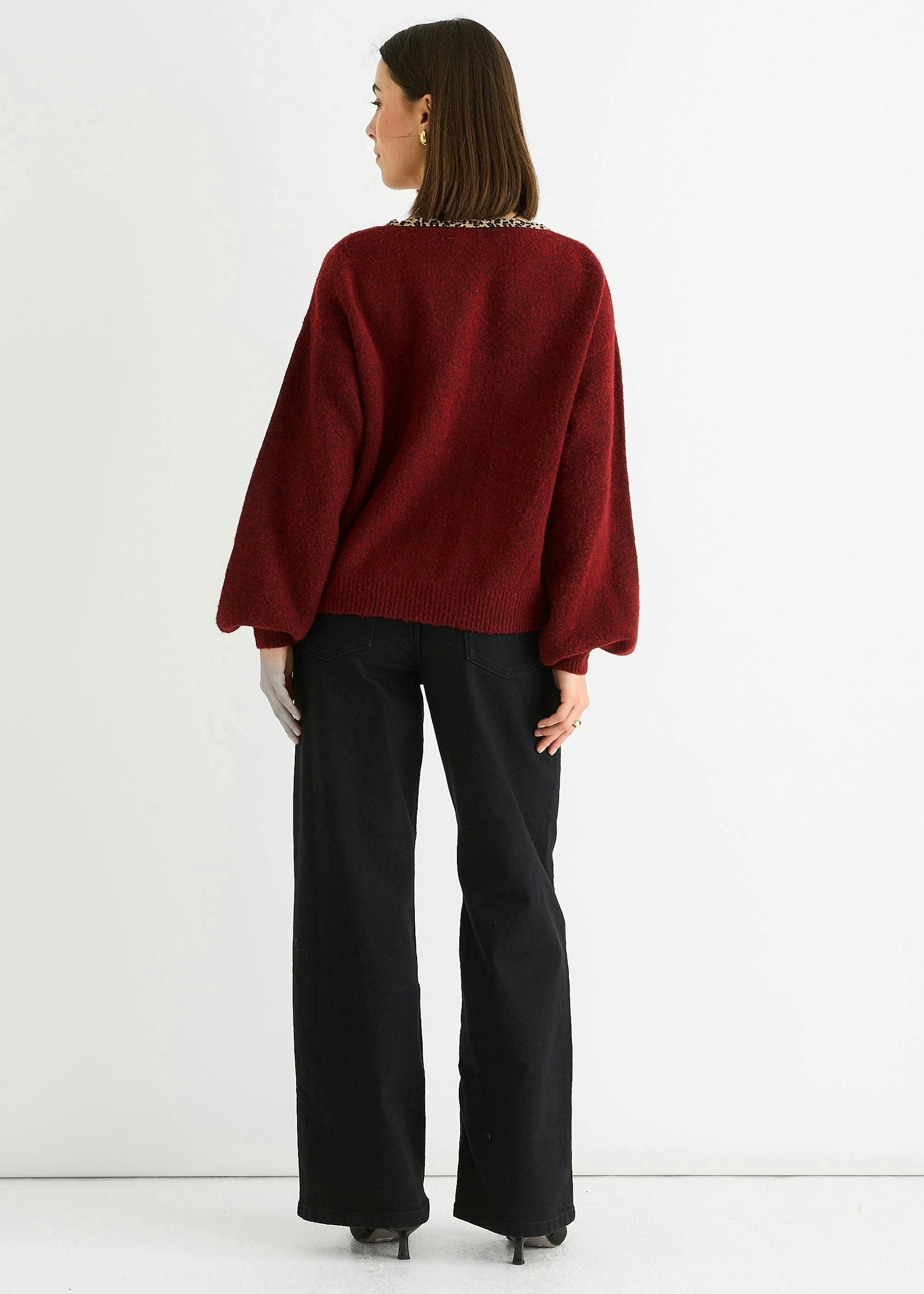 Burgundy Contrast Animal Tie Oversized Knit Cardigan , view 4 of 4