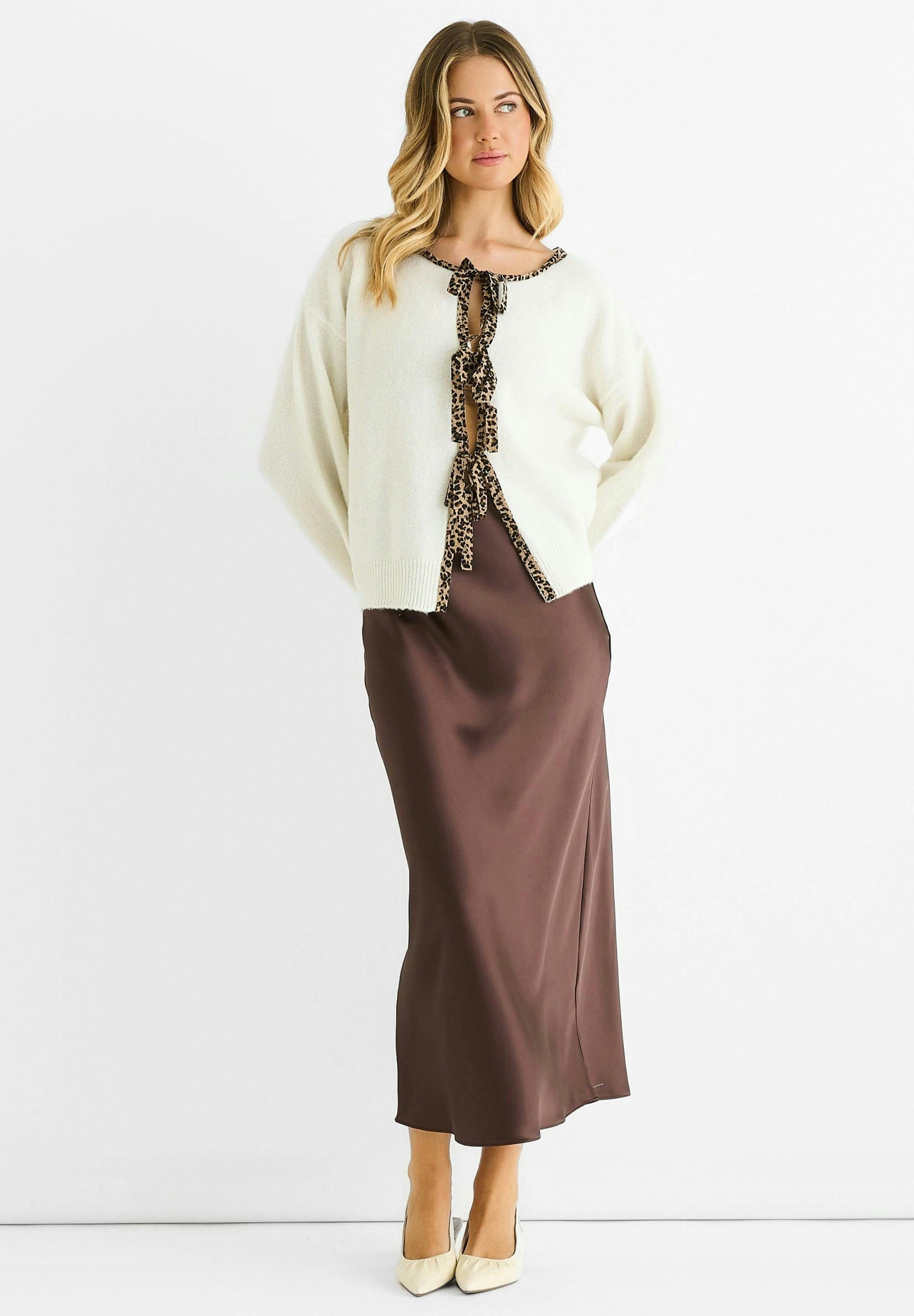 Cream Contrast Animal Tie Oversized Knit Cardigan , view 2 of 5