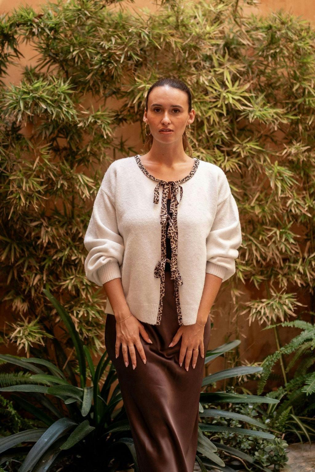 Cream Contrast Animal Tie Oversized Knit Cardigan , view 5 of 5