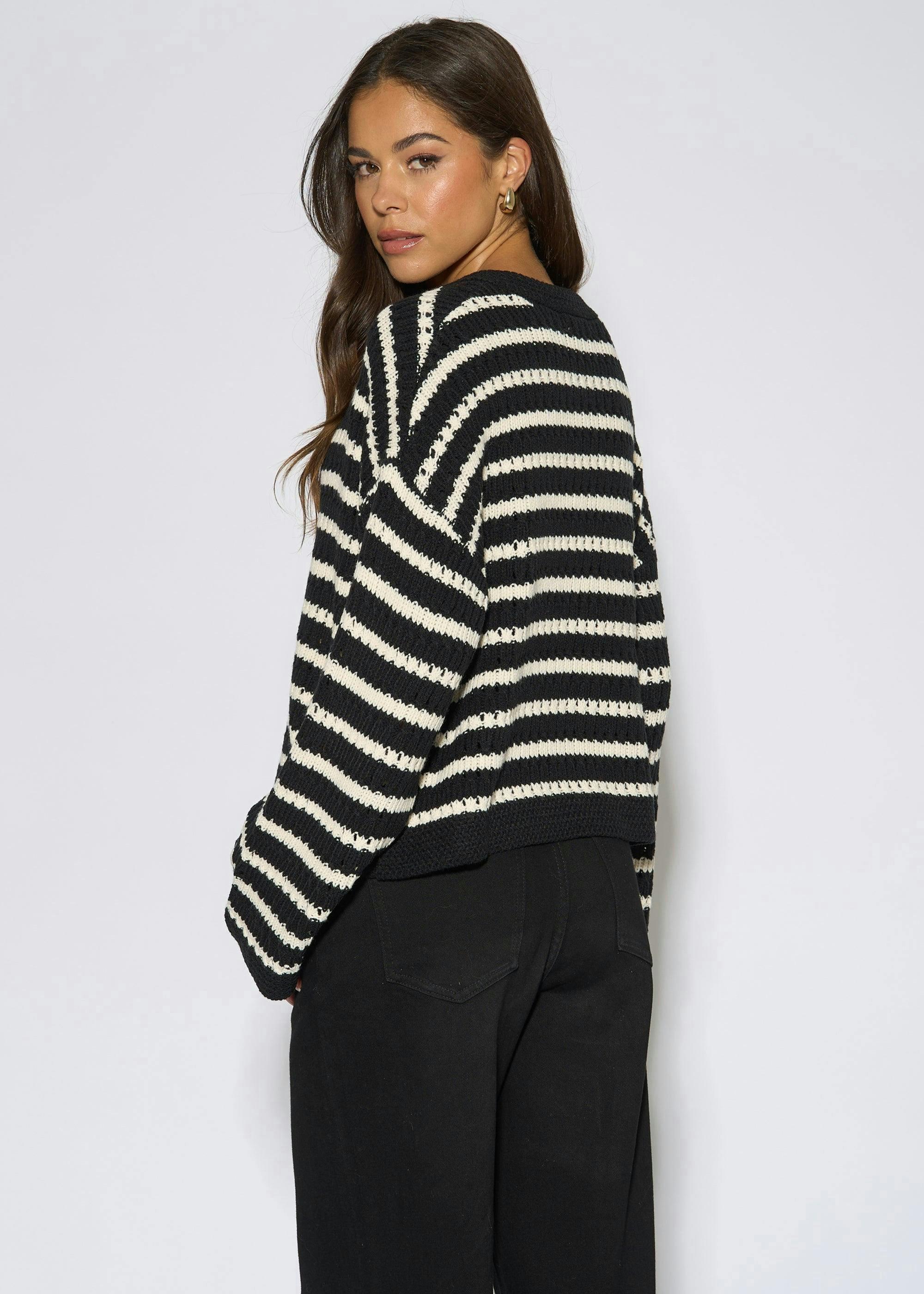 Black Stripe Cable Knit Crop Cardigan , view 2 of 4