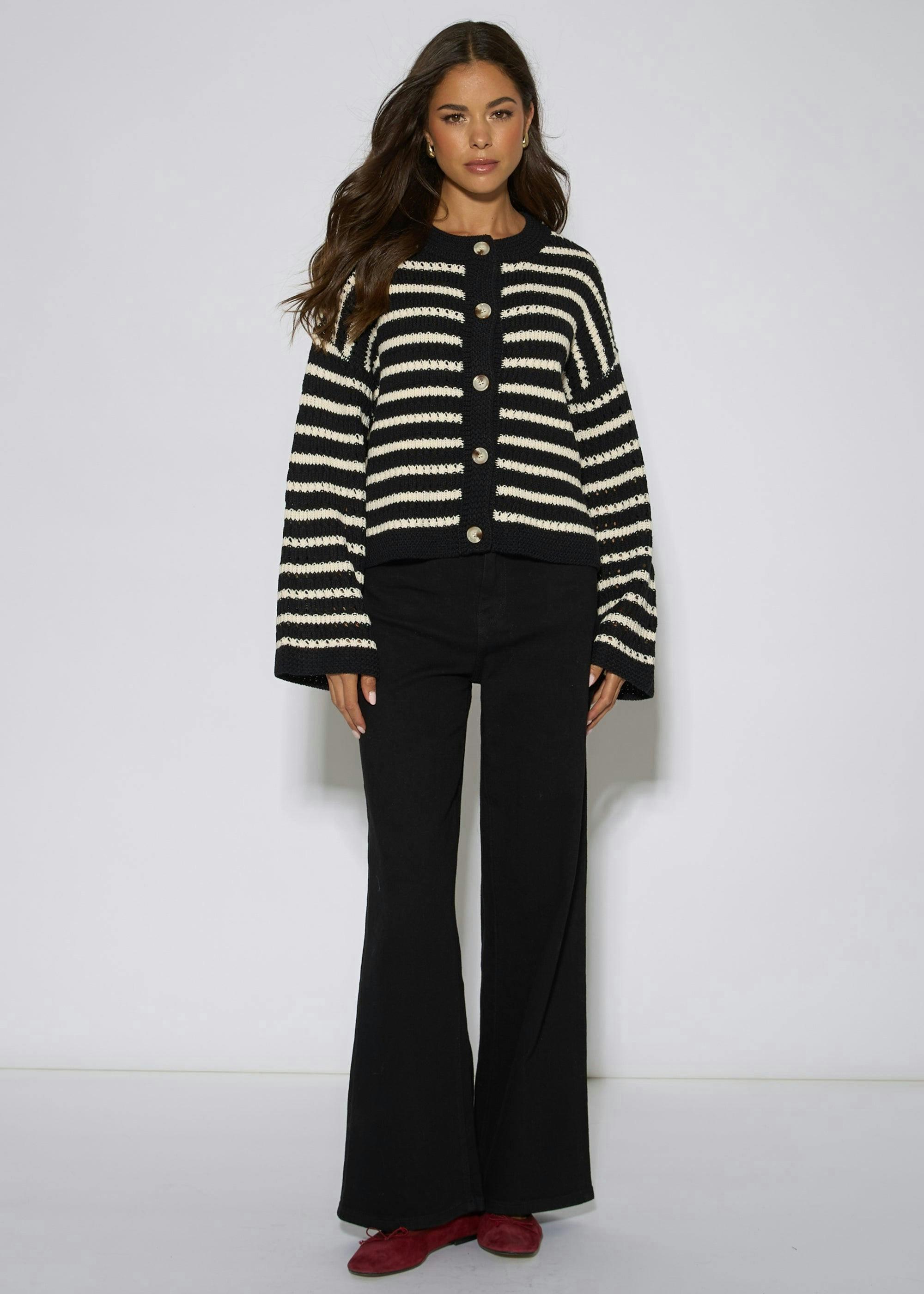 Black Stripe Cable Knit Crop Cardigan , view 3 of 4