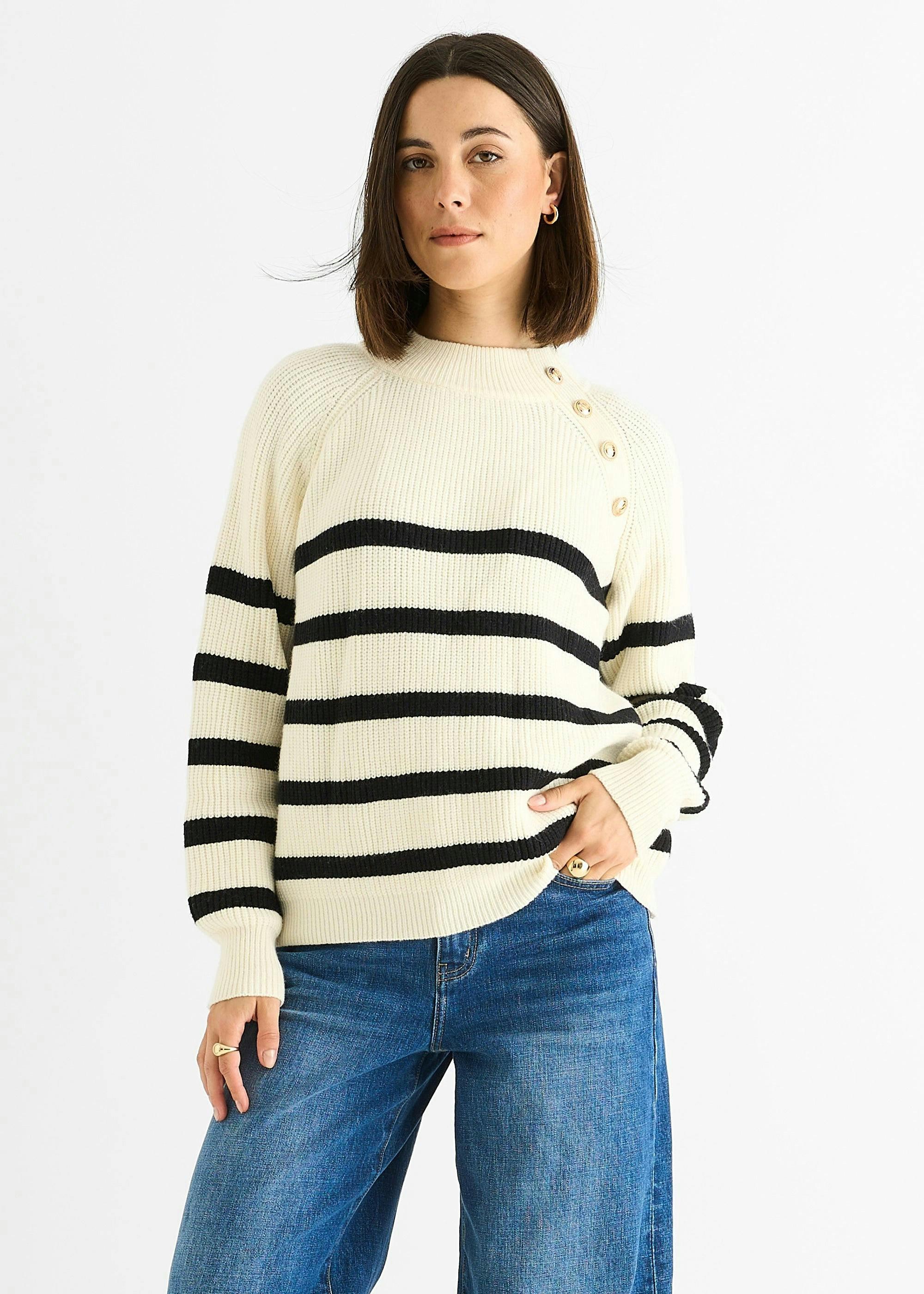 Cream Stripe Cable Knit Button Oversized Jumper , view 3 of 4