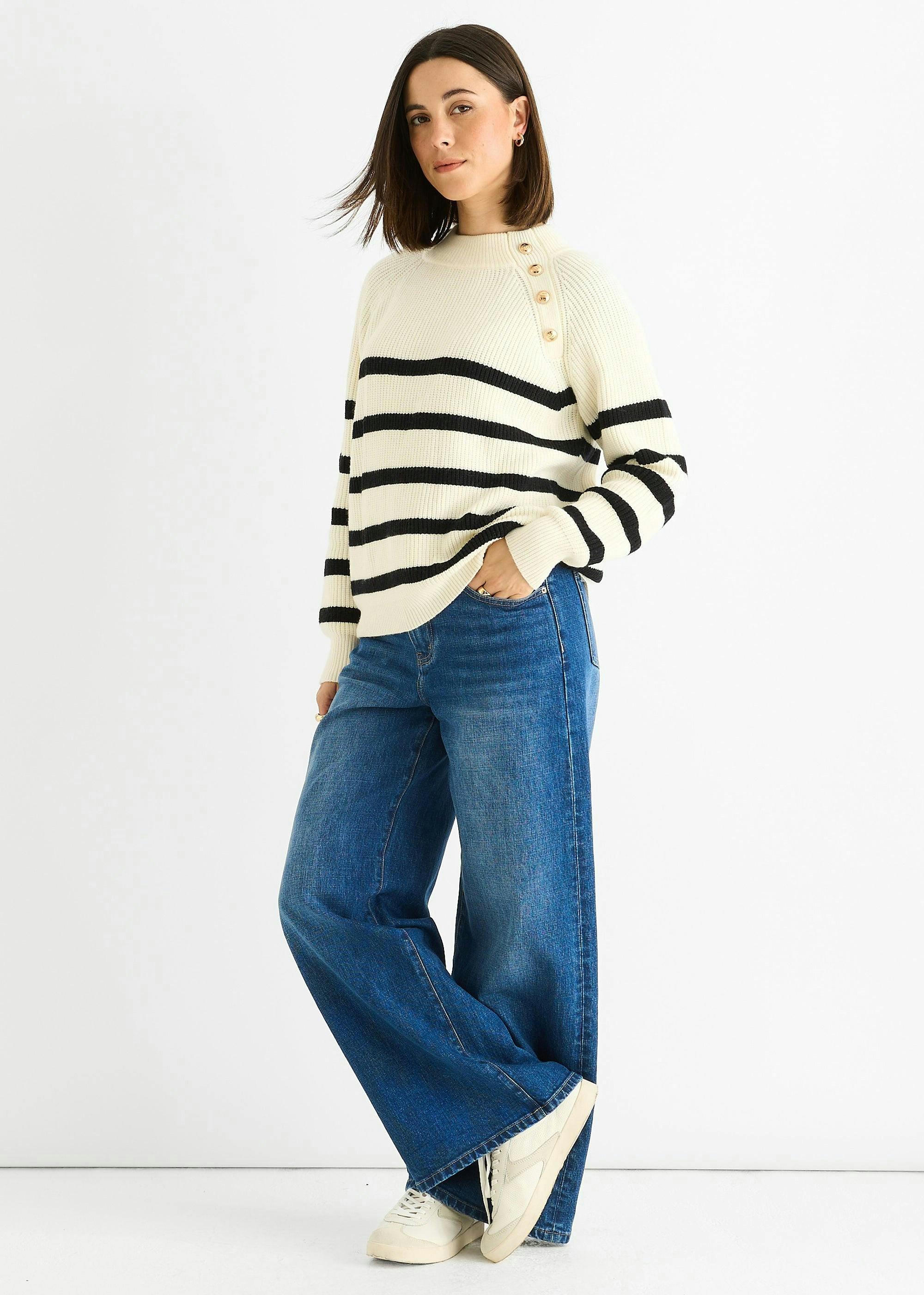 Cream Stripe Cable Knit Button Oversized Jumper , view 4 of 4