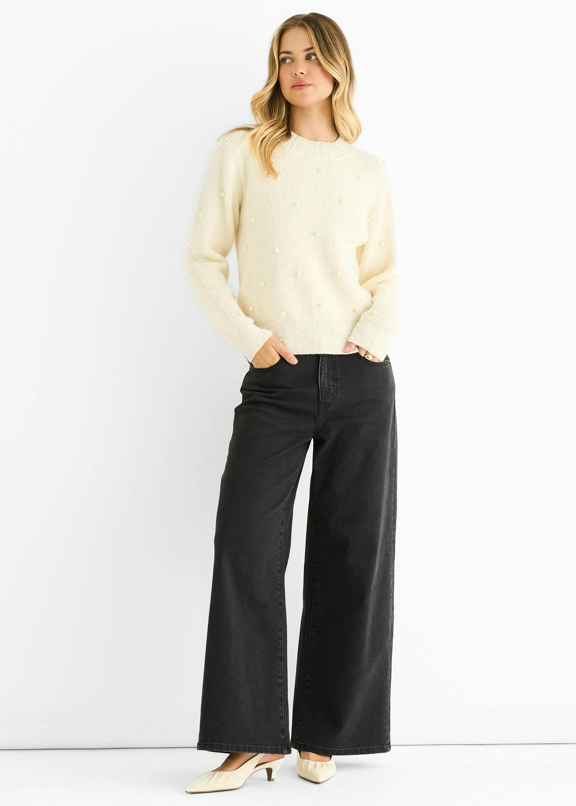 Cream Pearl Studded High Neck Knit Jumper , view 2 of 4