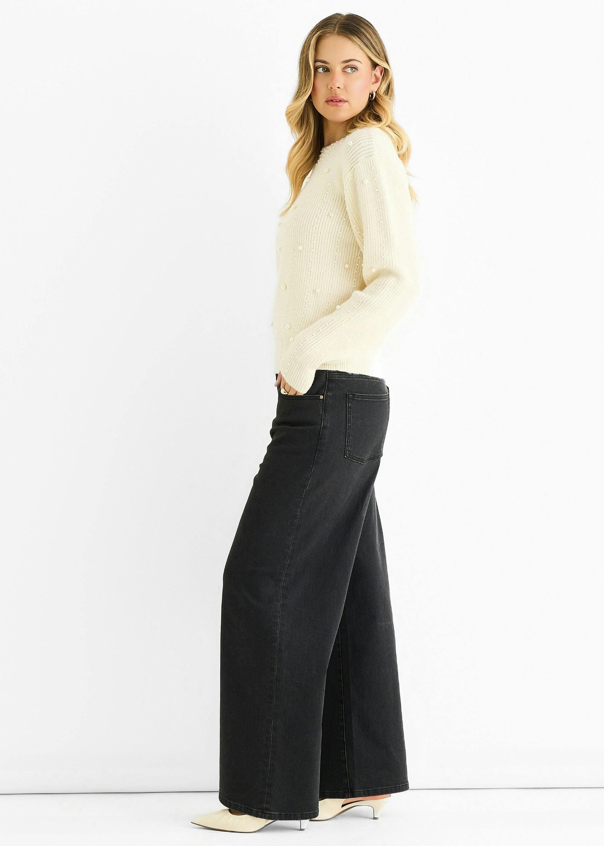 Cream Pearl Studded High Neck Knit Jumper , view 3 of 4