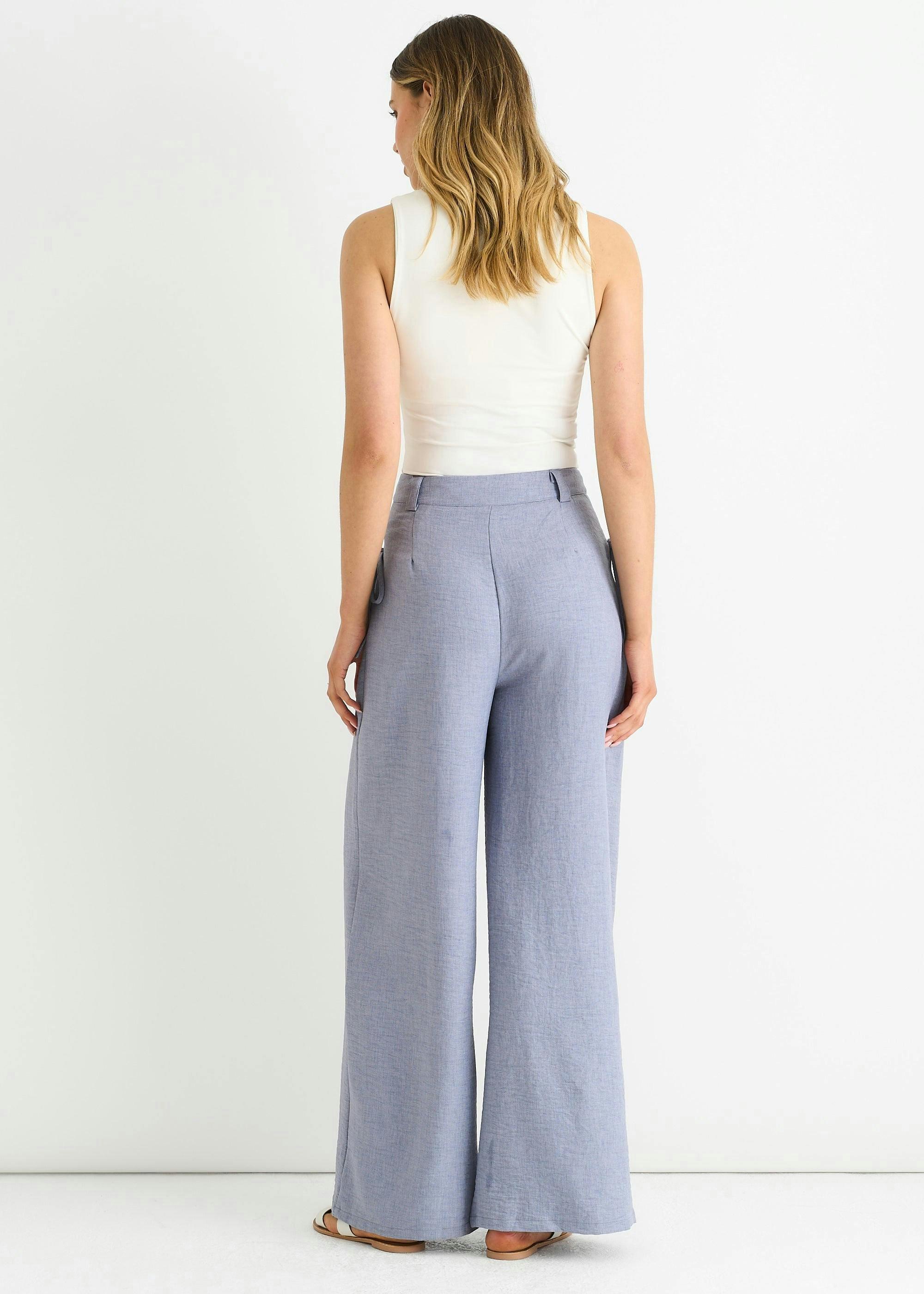 Dusty Blue High Waist Wide Leg Trousers , view 3 of 4