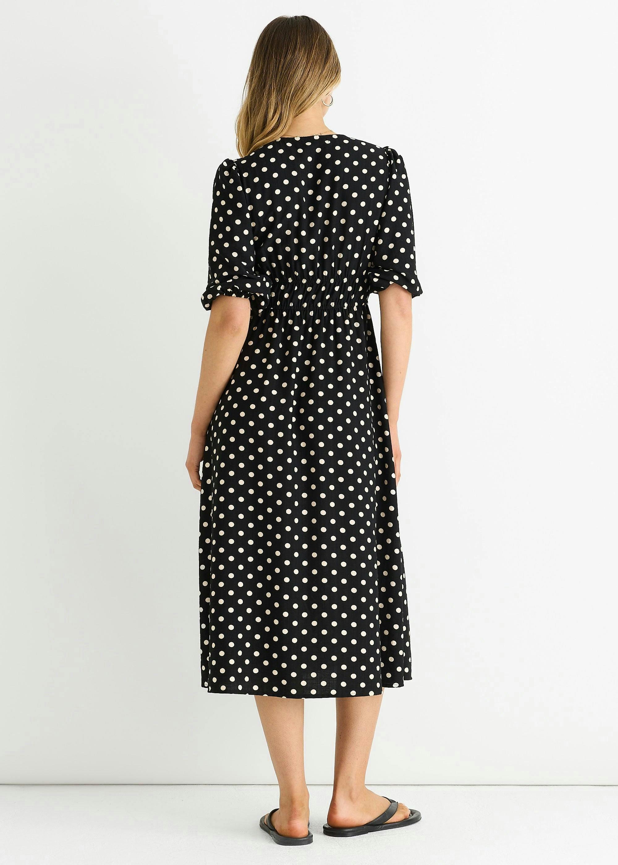 Black Spot Print Shirred Waist Shift Midi Dress , view 2 of 4