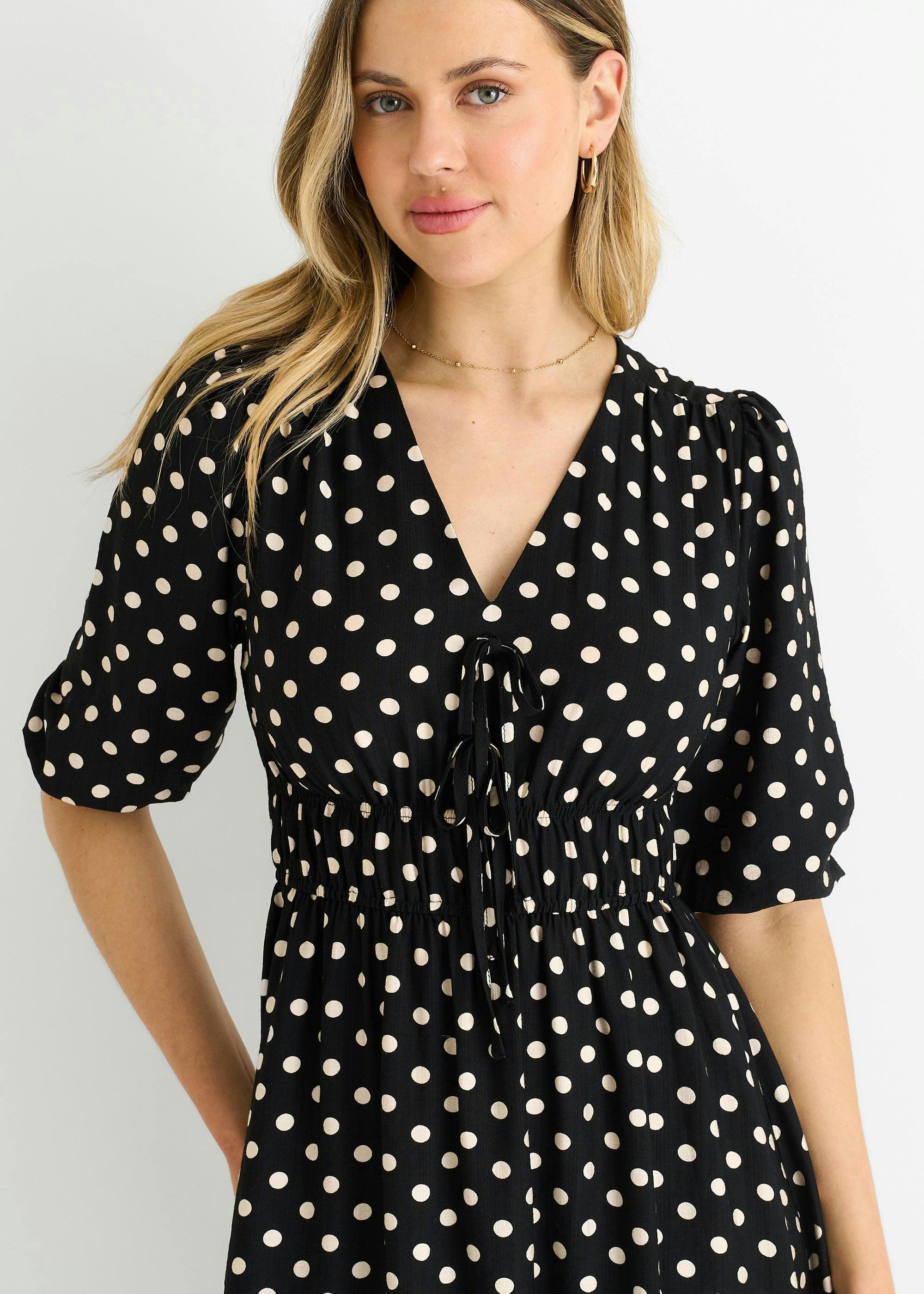 Black Spot Print Shirred Waist Shift Midi Dress , view 3 of 4