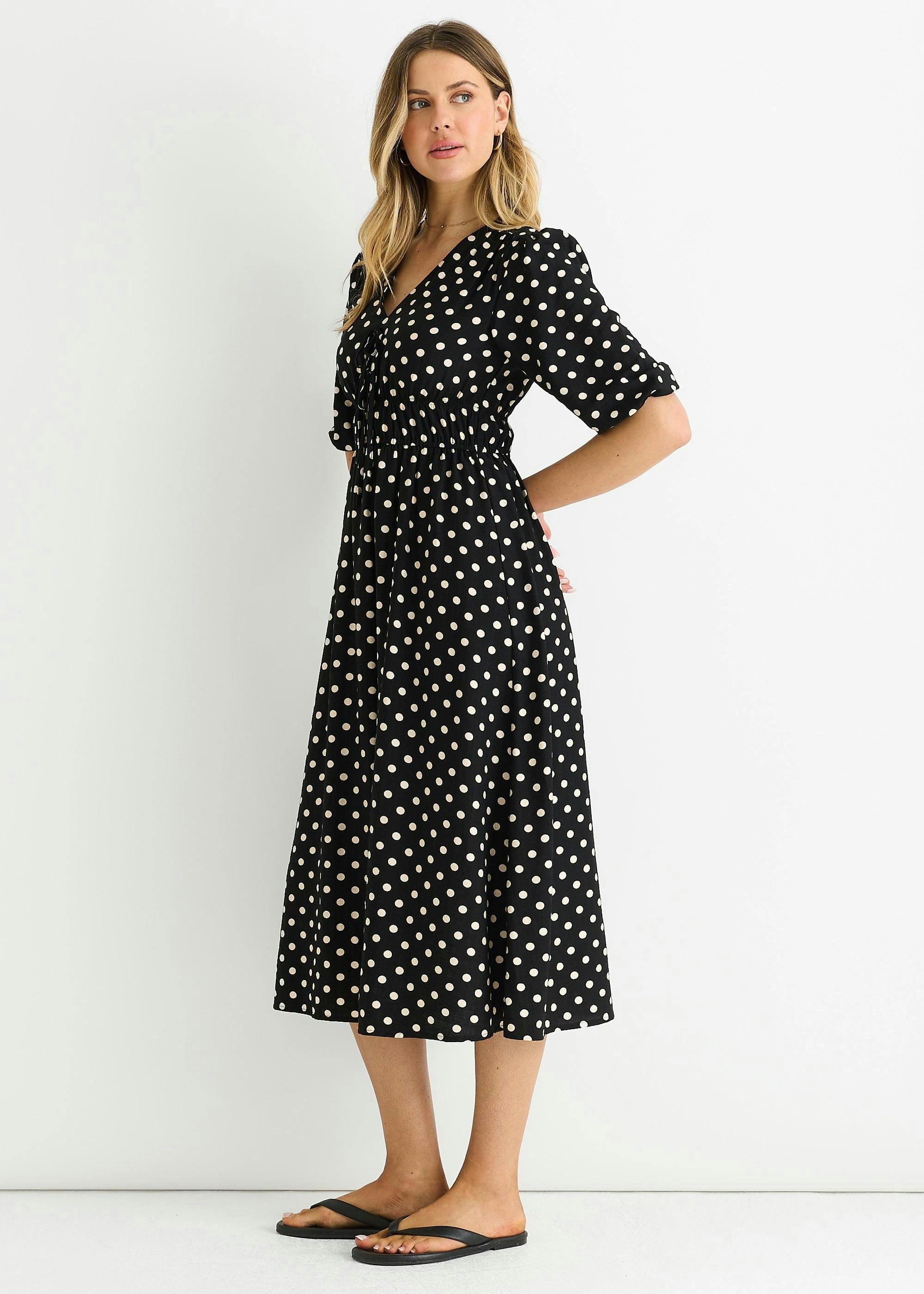 Black Spot Print Shirred Waist Shift Midi Dress , view 4 of 4