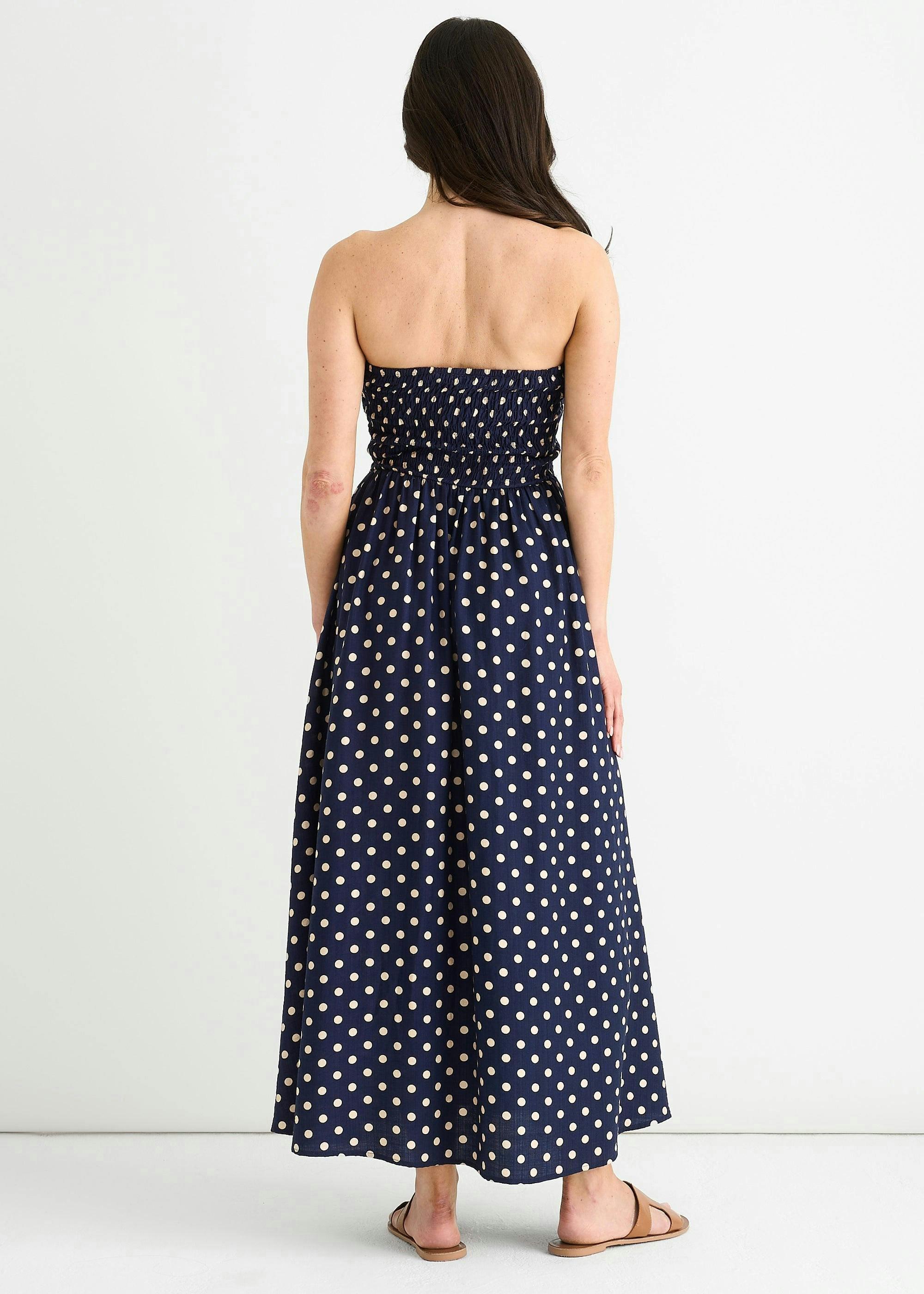 Navy Shirred Top Viscose Spot Midi Dress , view 2 of 4