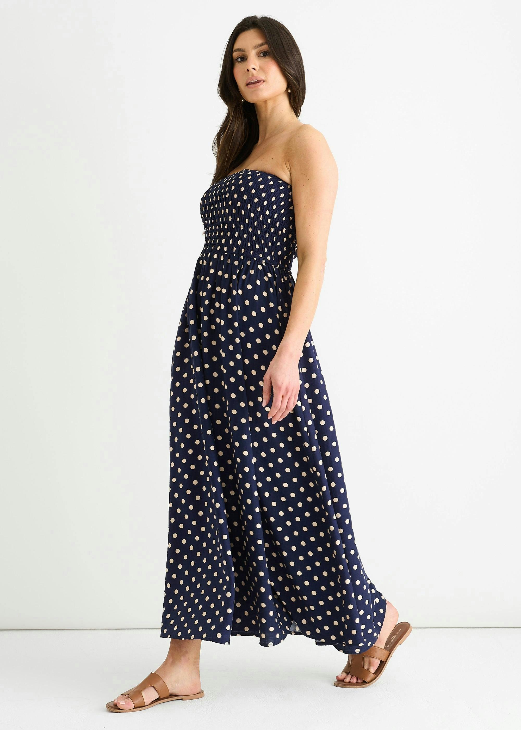 Navy Shirred Top Viscose Spot Midi Dress , view 4 of 4