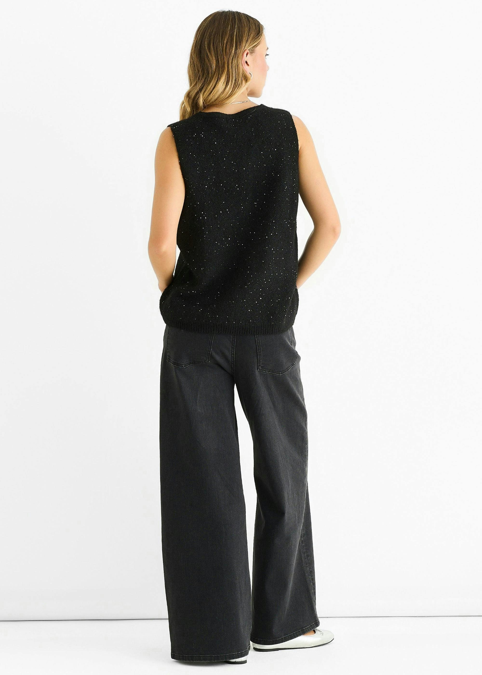 Black Sequin Sparkle V Neck Vest Knit Jumper , view 2 of 4