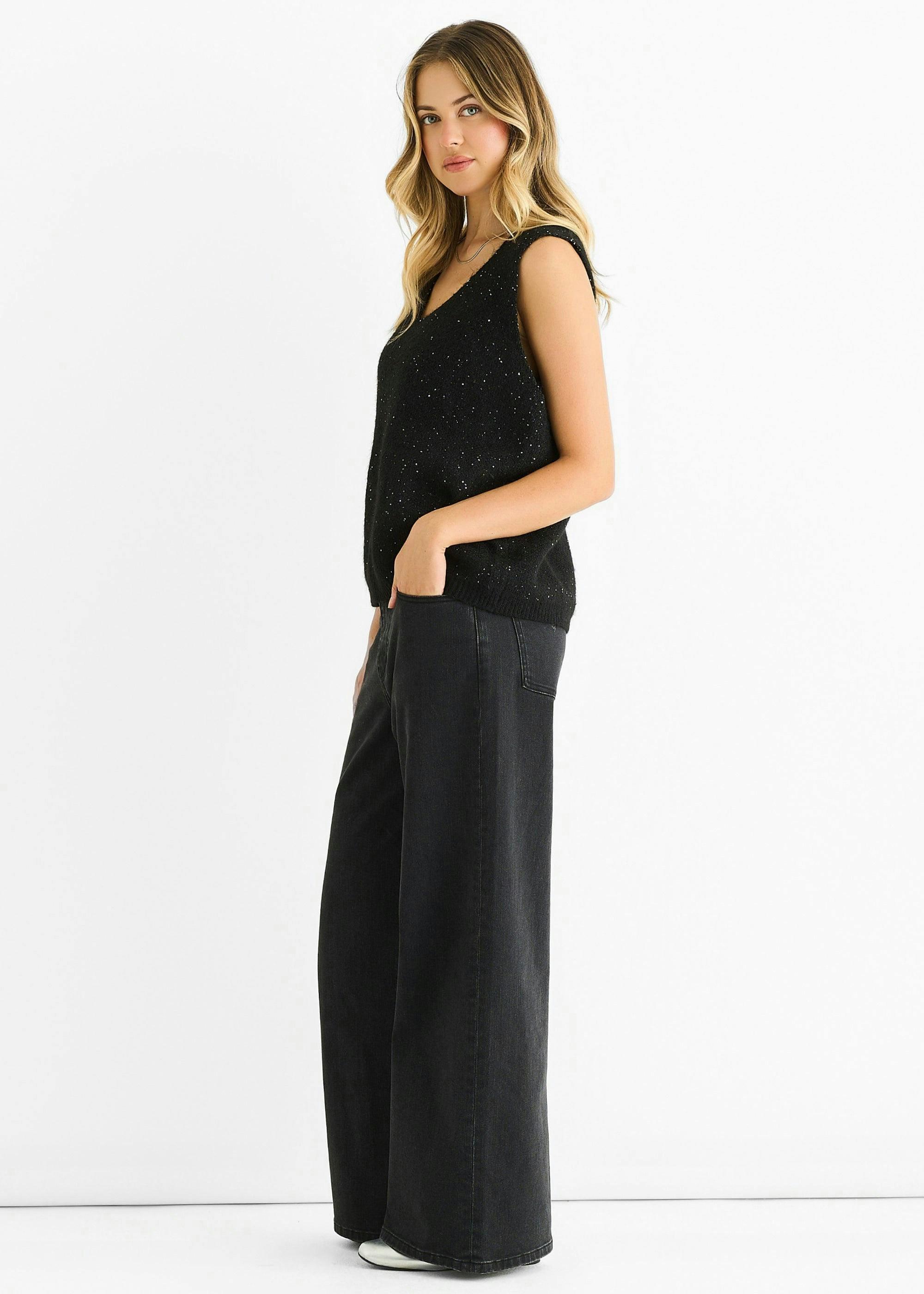 Black Sequin Sparkle V Neck Vest Knit Jumper , view 3 of 4