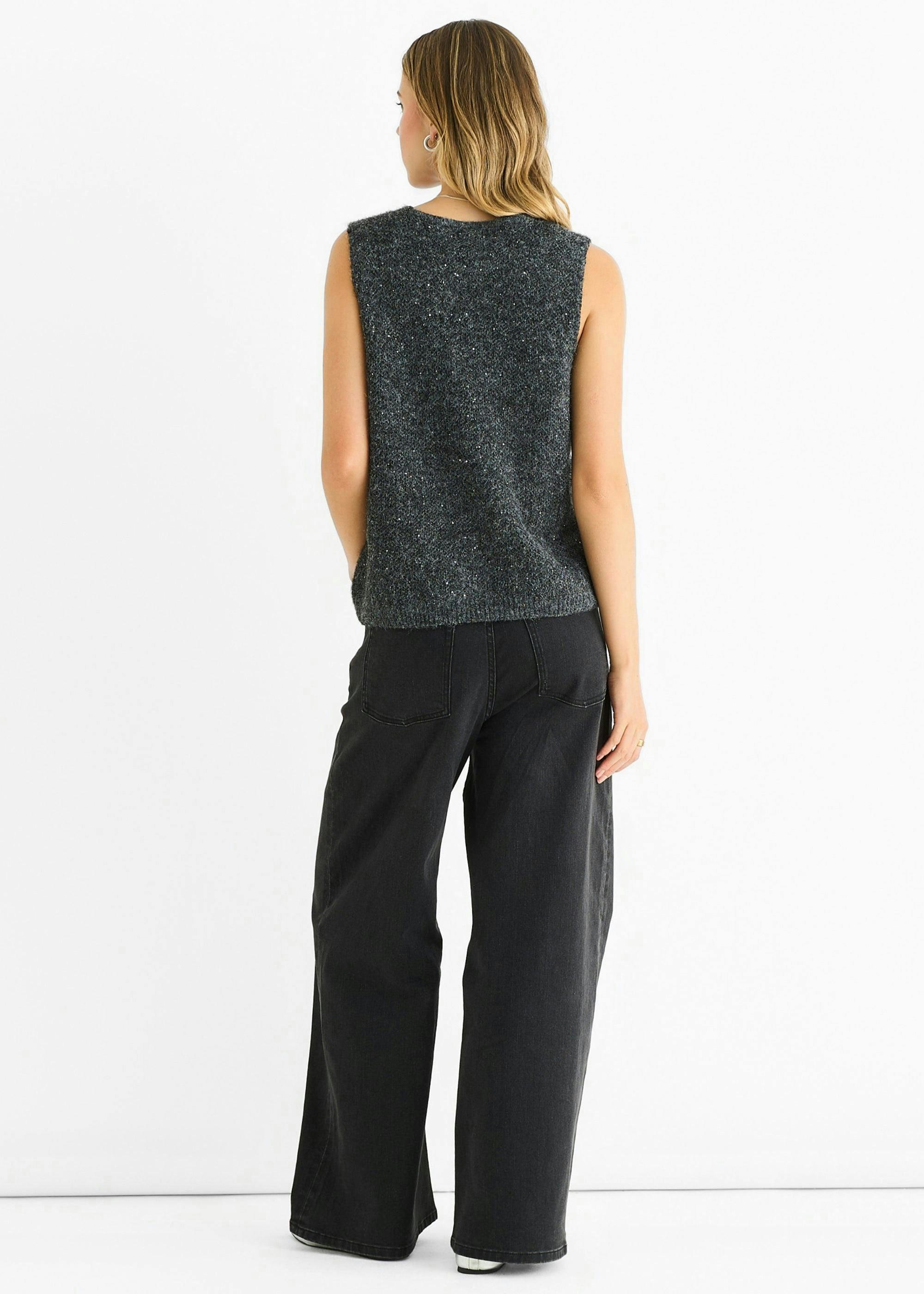 Grey Sequin Sparkle V Neck Vest Knit Jumper , view 2 of 4