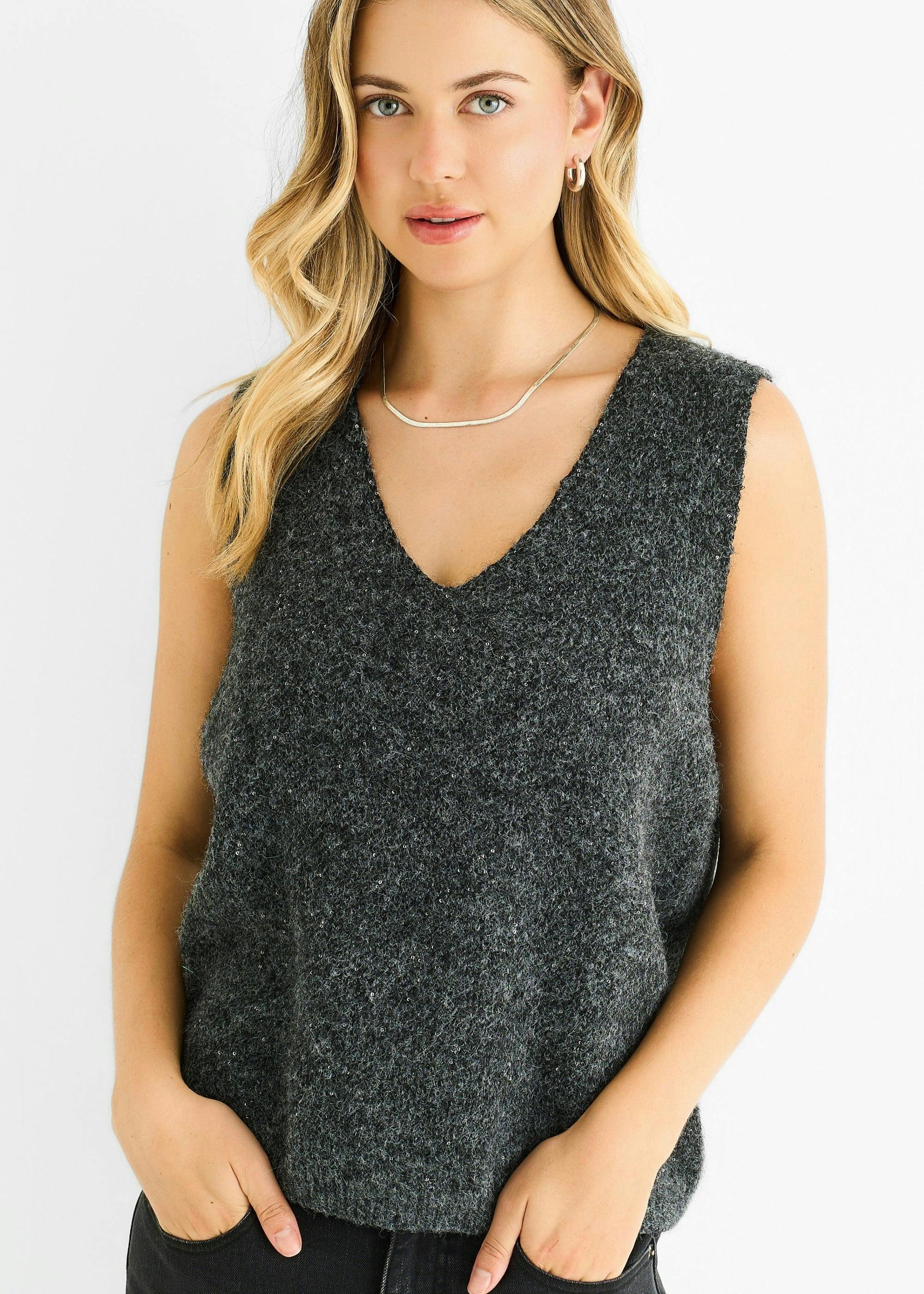 Grey Sequin Sparkle V Neck Vest Knit Jumper , view 3 of 4