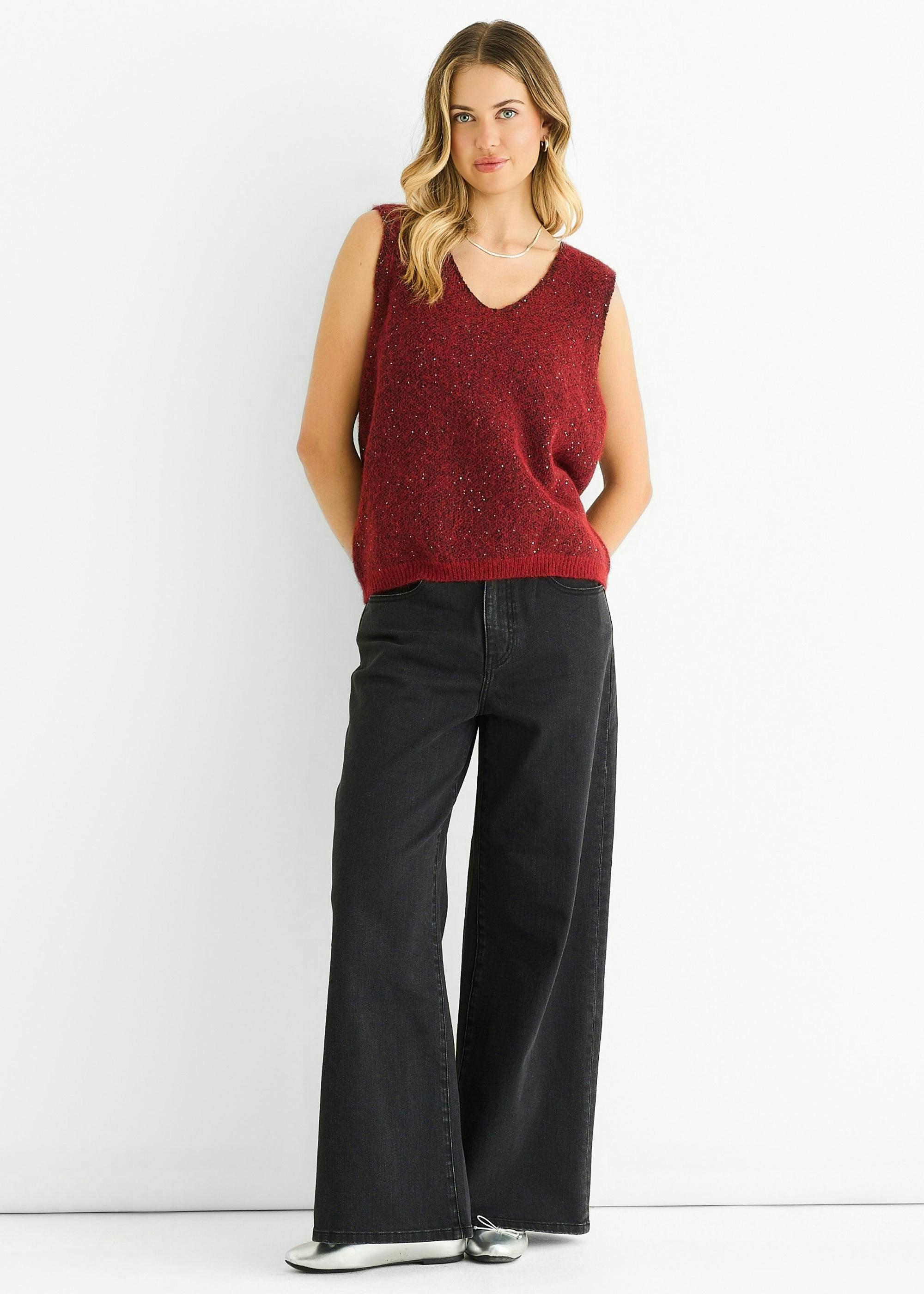 Red Sequin Sparkle V Neck Vest Knit Jumper , view 2 of 4