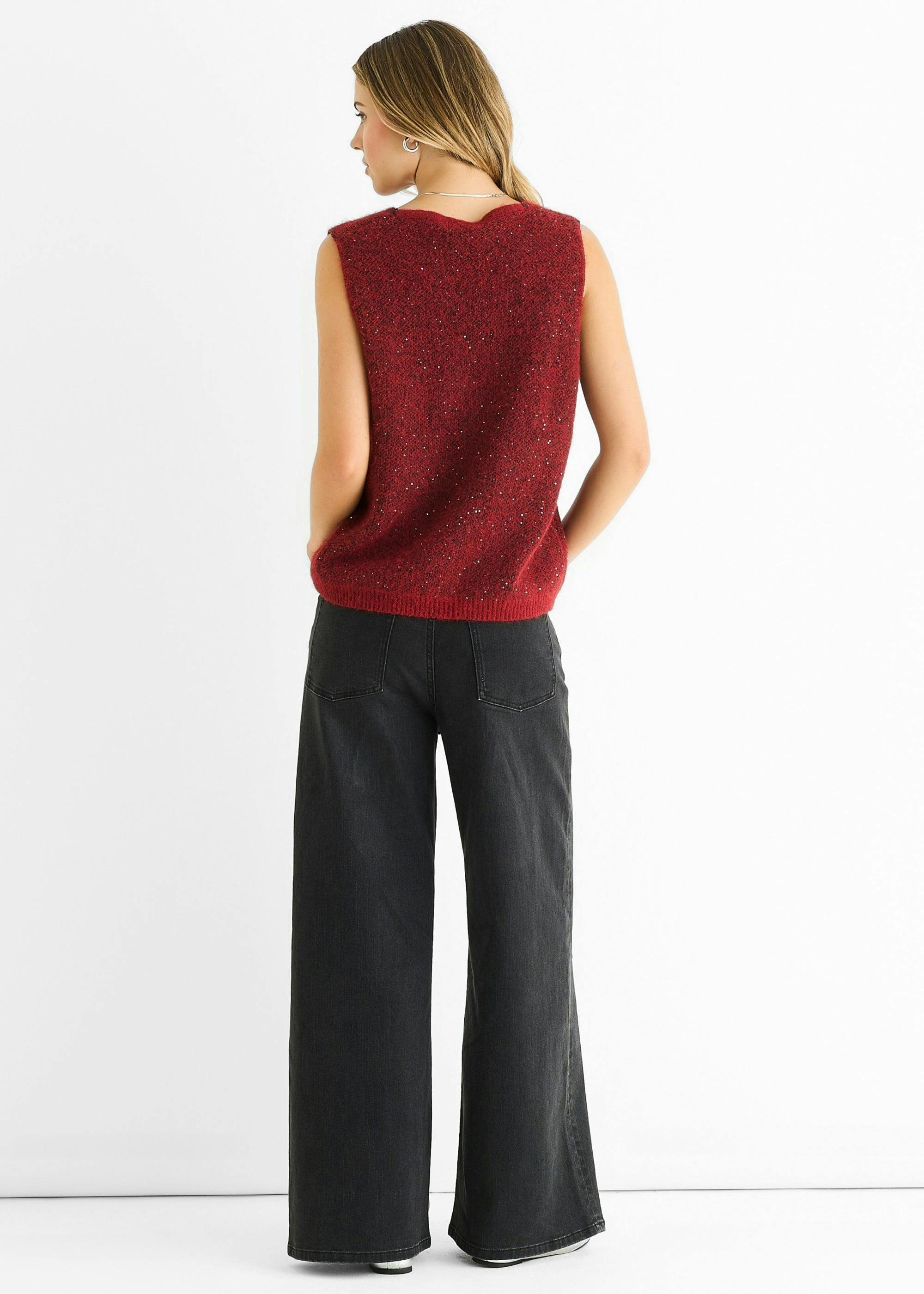 Red Sequin Sparkle V Neck Vest Knit Jumper , view 3 of 4