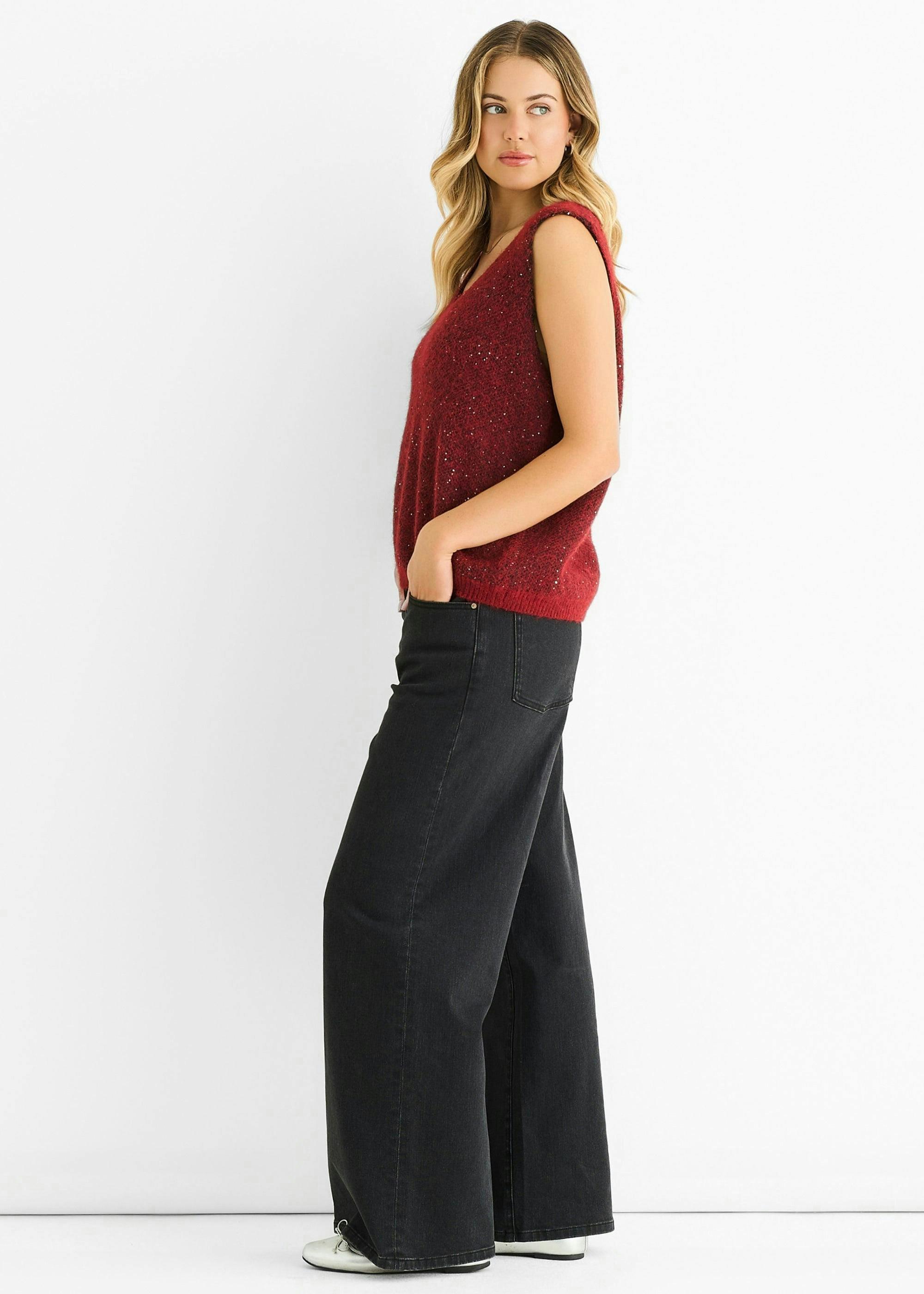 Red Sequin Sparkle V Neck Vest Knit Jumper , view 4 of 4