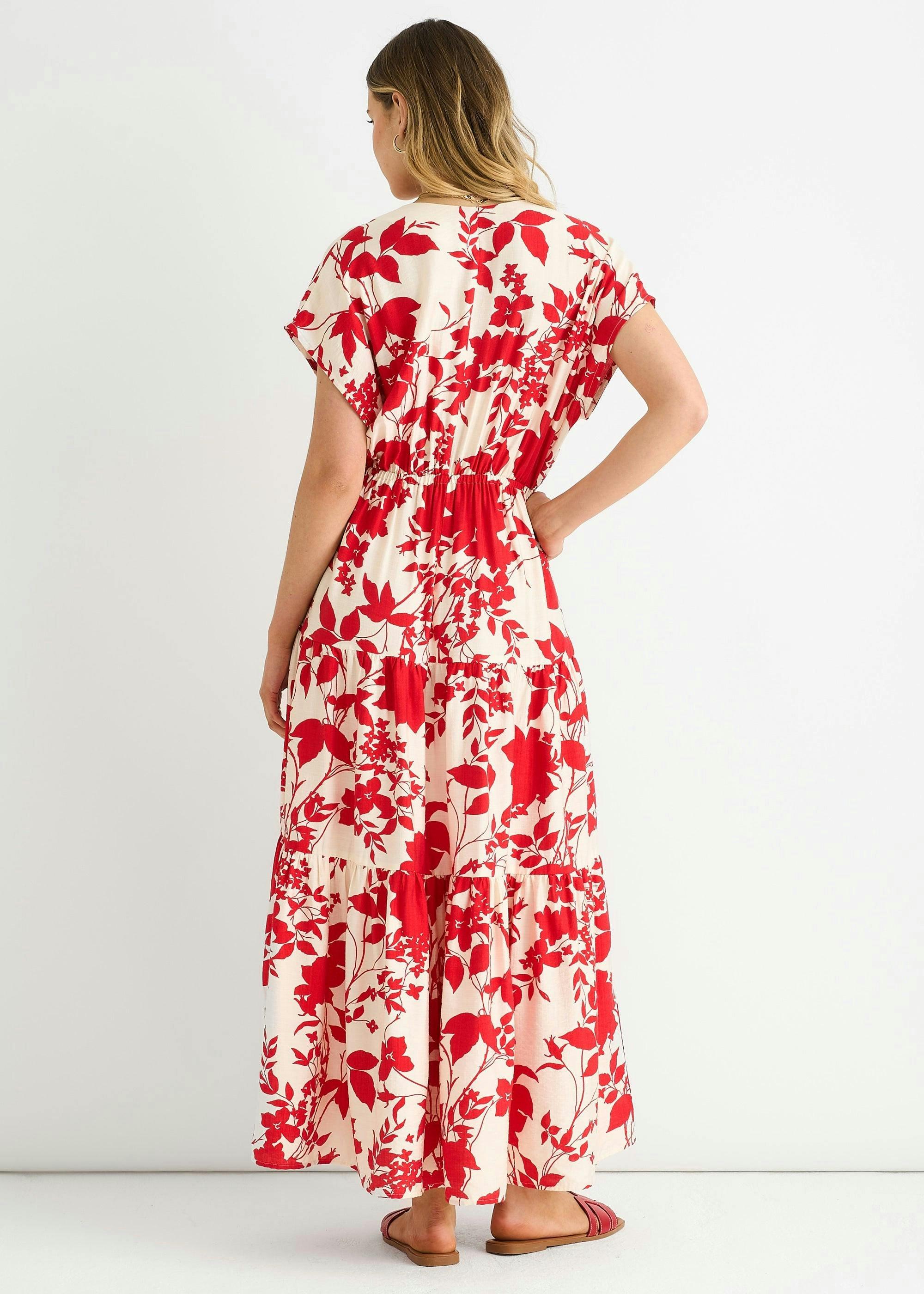 Red Floral Elastic Waist Maxi Dress , view 2 of 4