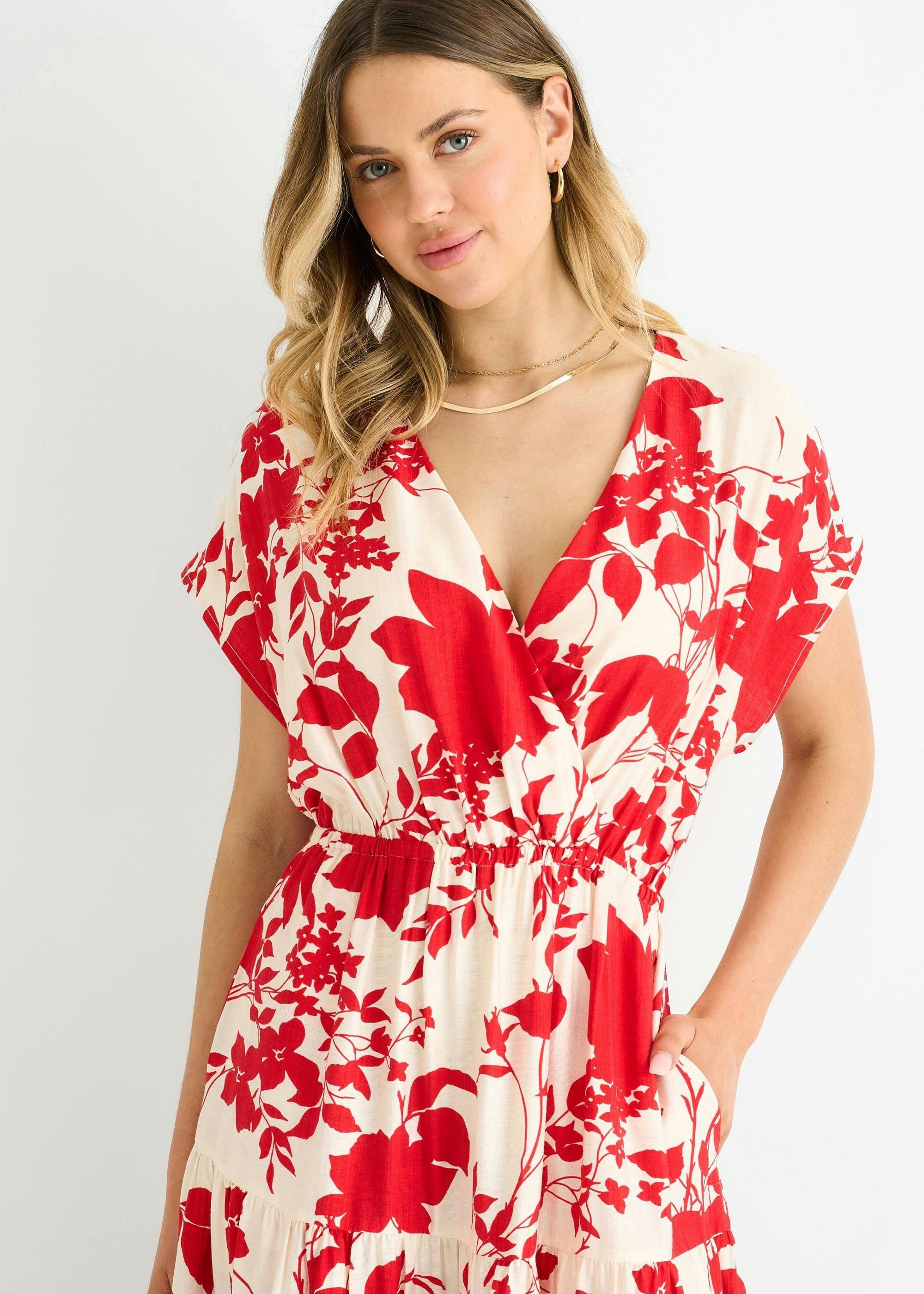 Red Floral Elastic Waist Maxi Dress , view 3 of 4