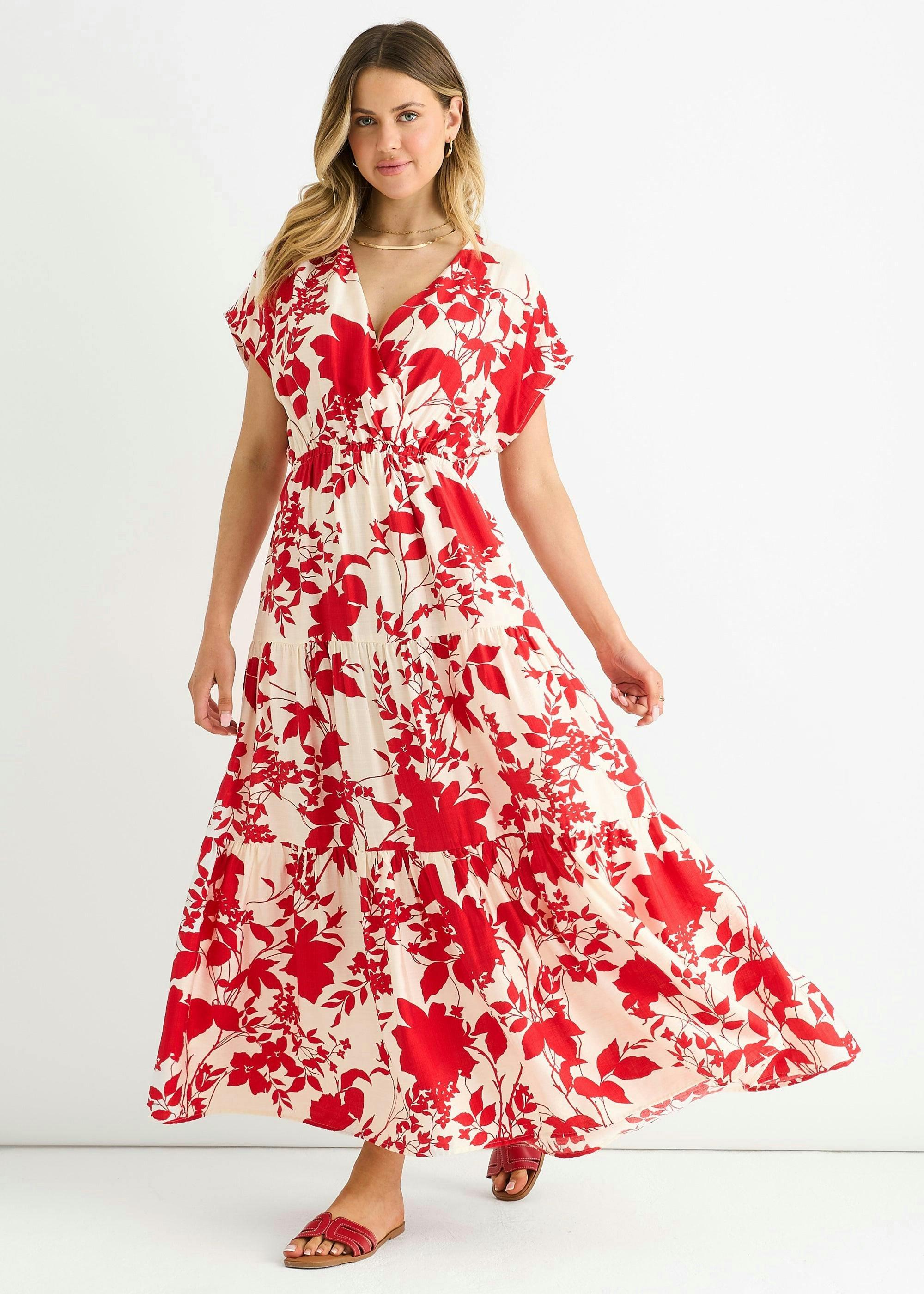 Red Floral Elastic Waist Maxi Dress , view 4 of 4