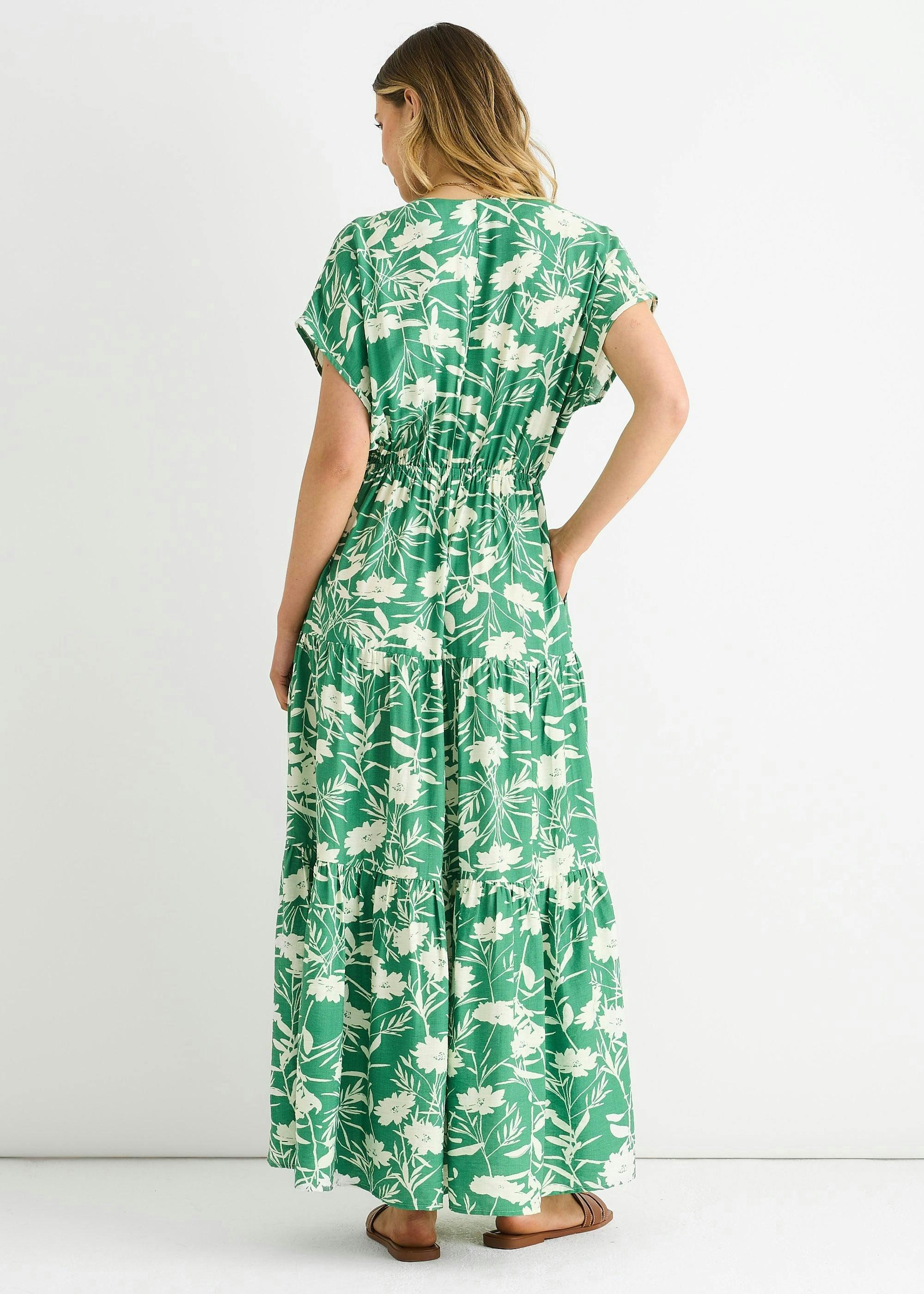 Green Floral Elastic Waist Maxi Dress , view 2 of 4