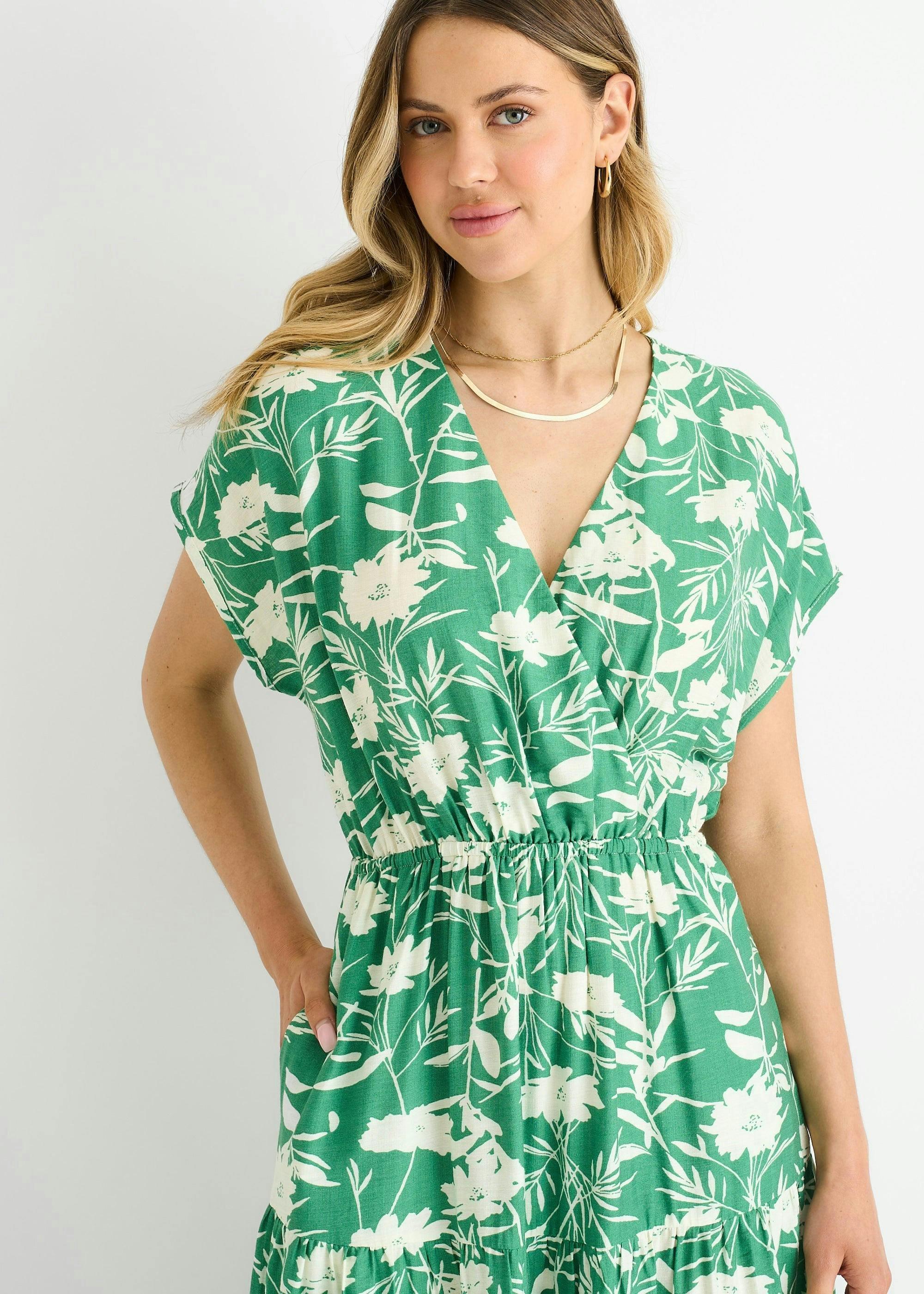 Green Floral Elastic Waist Maxi Dress , view 3 of 4