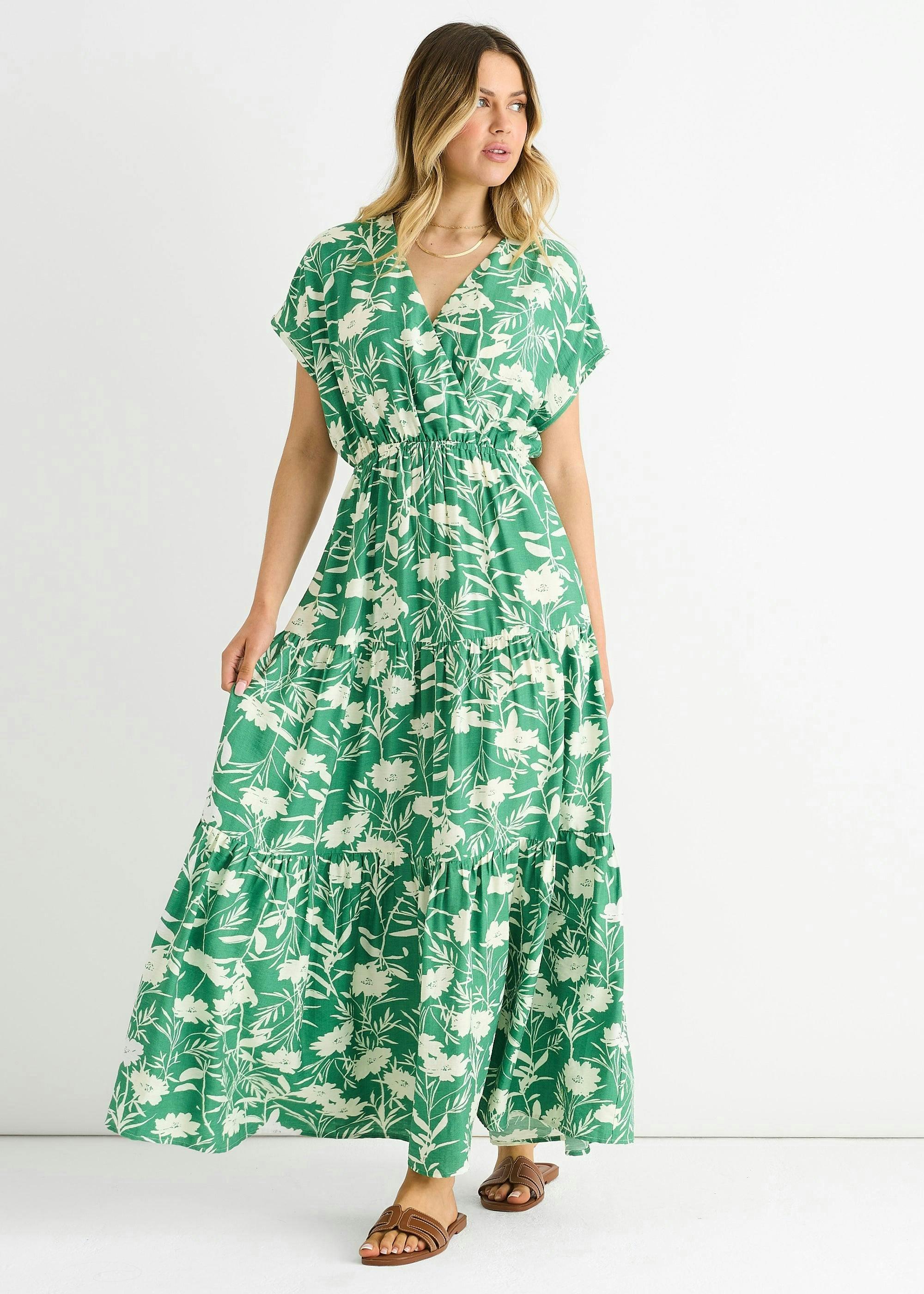 Green Floral Elastic Waist Maxi Dress , view 4 of 4