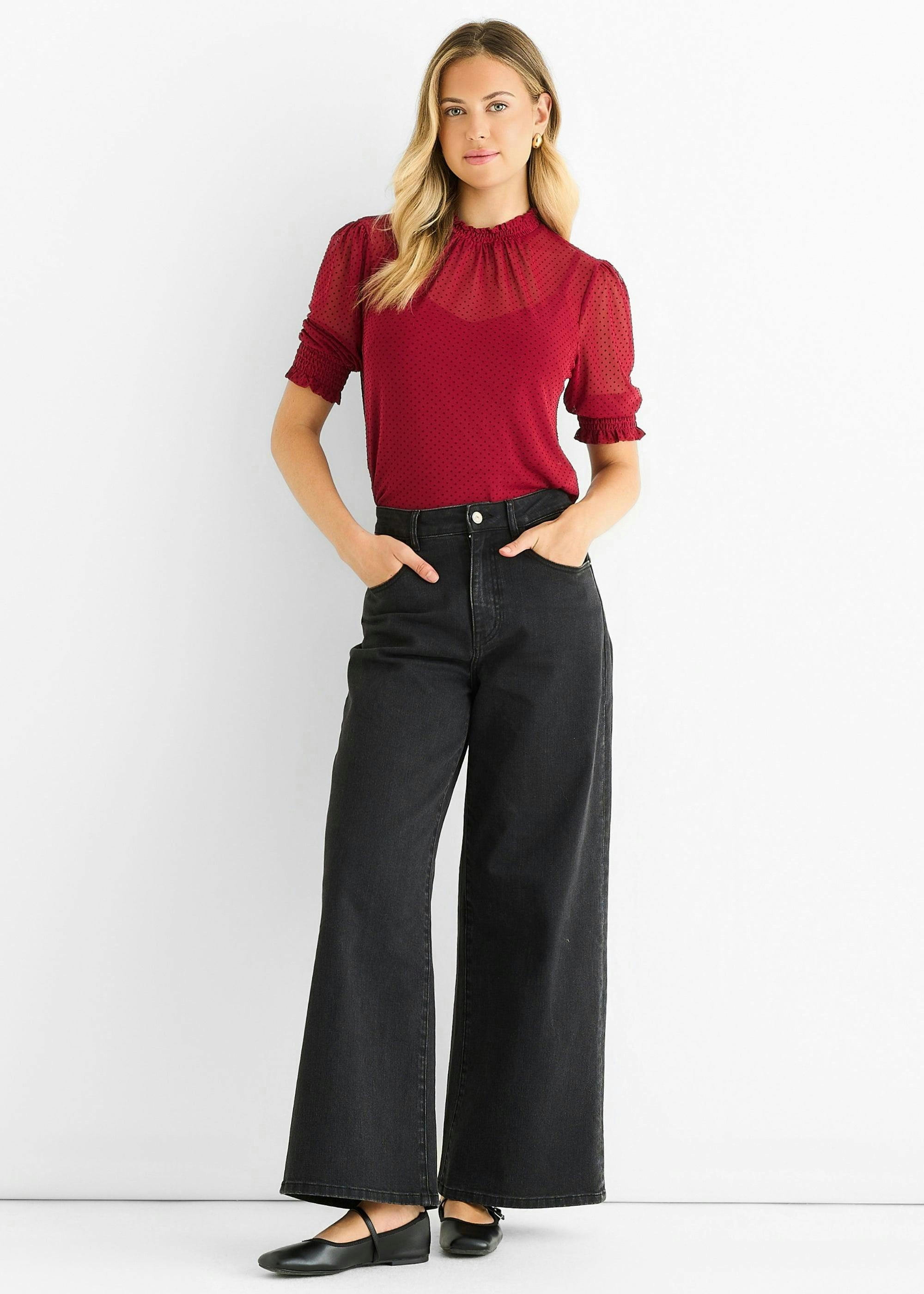 Red High Neck Lace Loose Fit Blouse , view 2 of 6