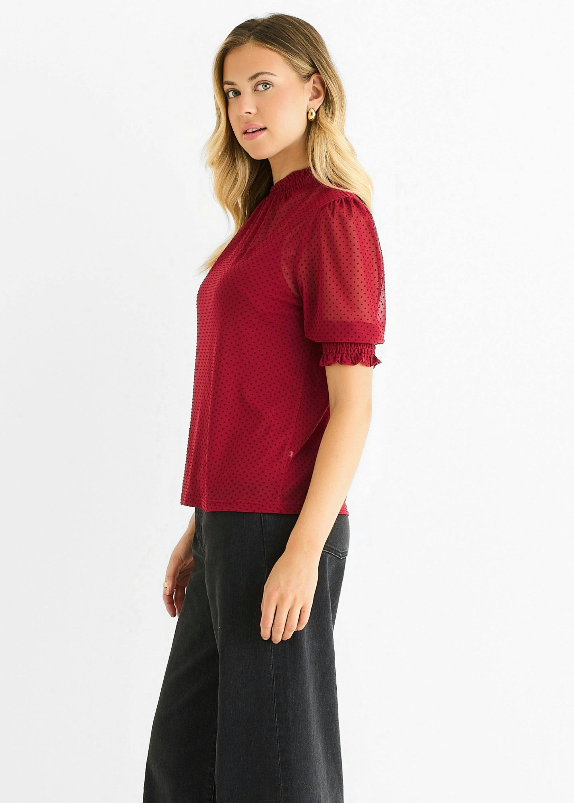 Red High Neck Lace Loose Fit Blouse , view 3 of 6
