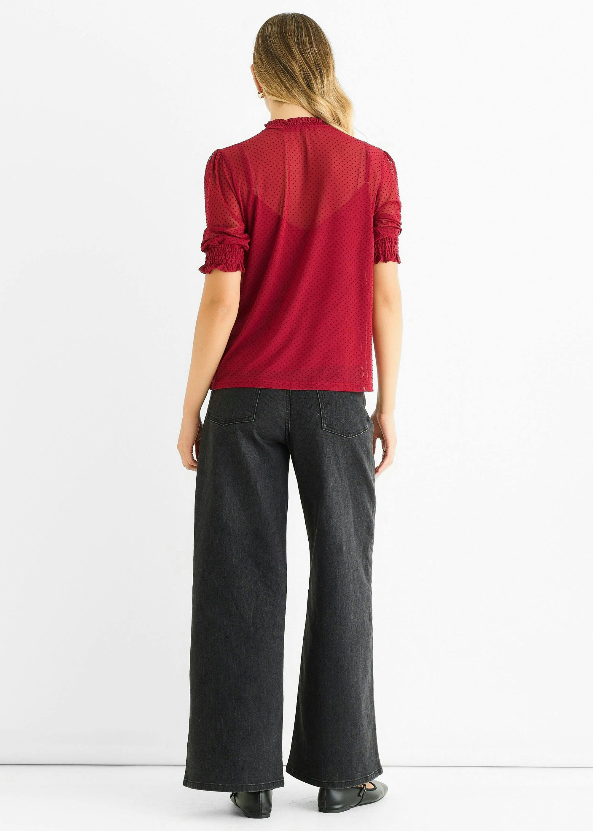 Red High Neck Lace Loose Fit Blouse , view 4 of 6