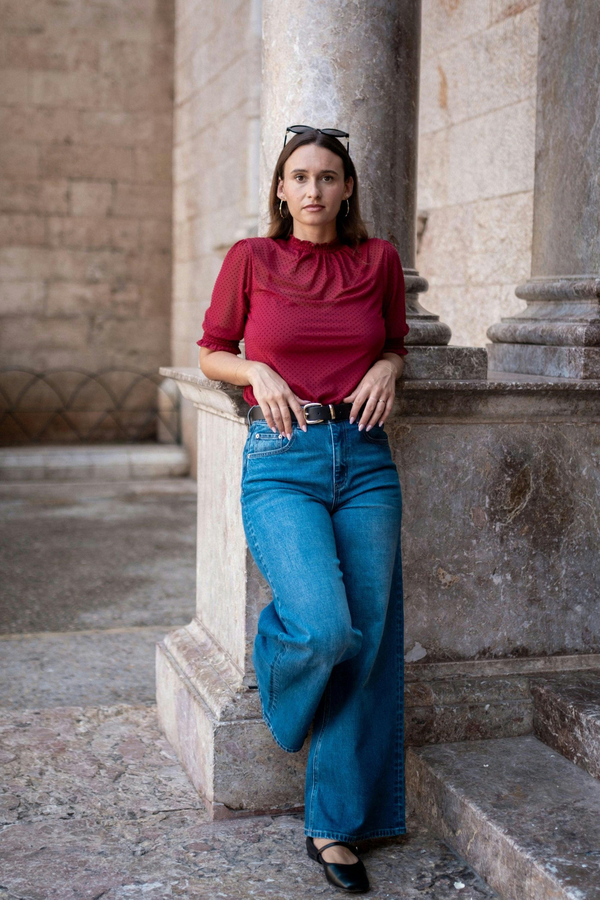 Red High Neck Lace Loose Fit Blouse , view 5 of 6