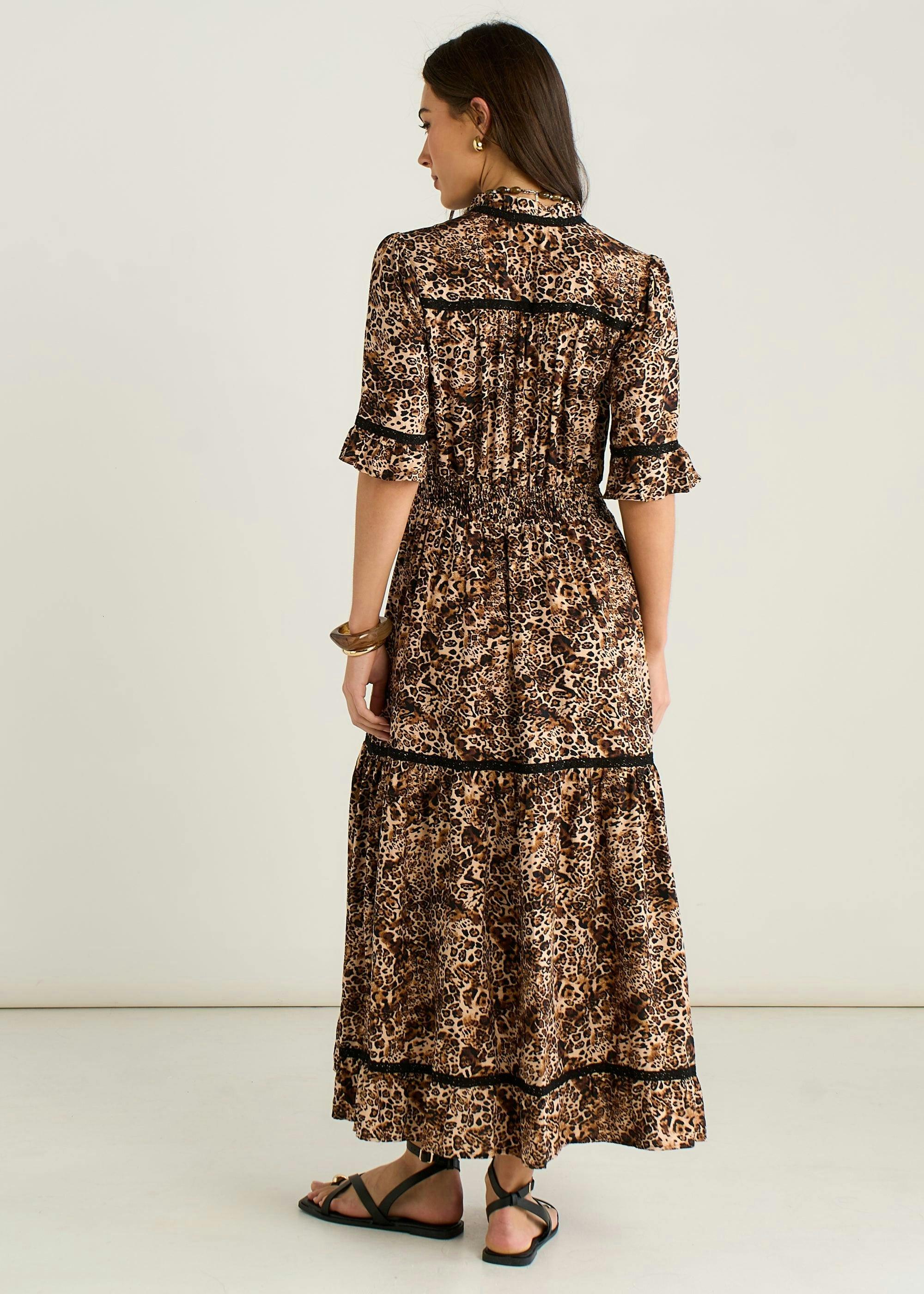 Brown Animal Print Lace Trim Tiered Midi Dress , view 2 of 4