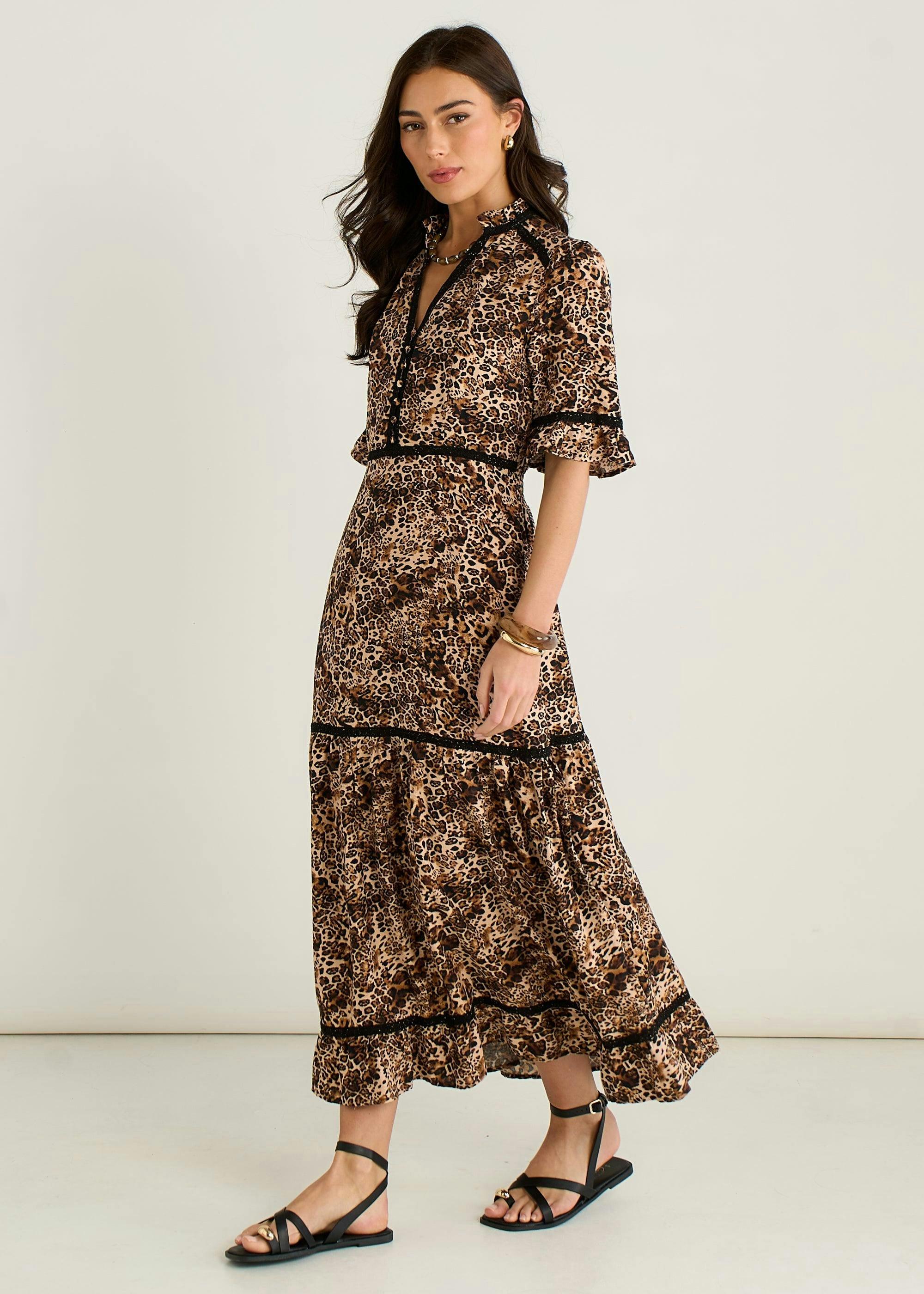 Brown Animal Print Lace Trim Tiered Midi Dress , view 4 of 4