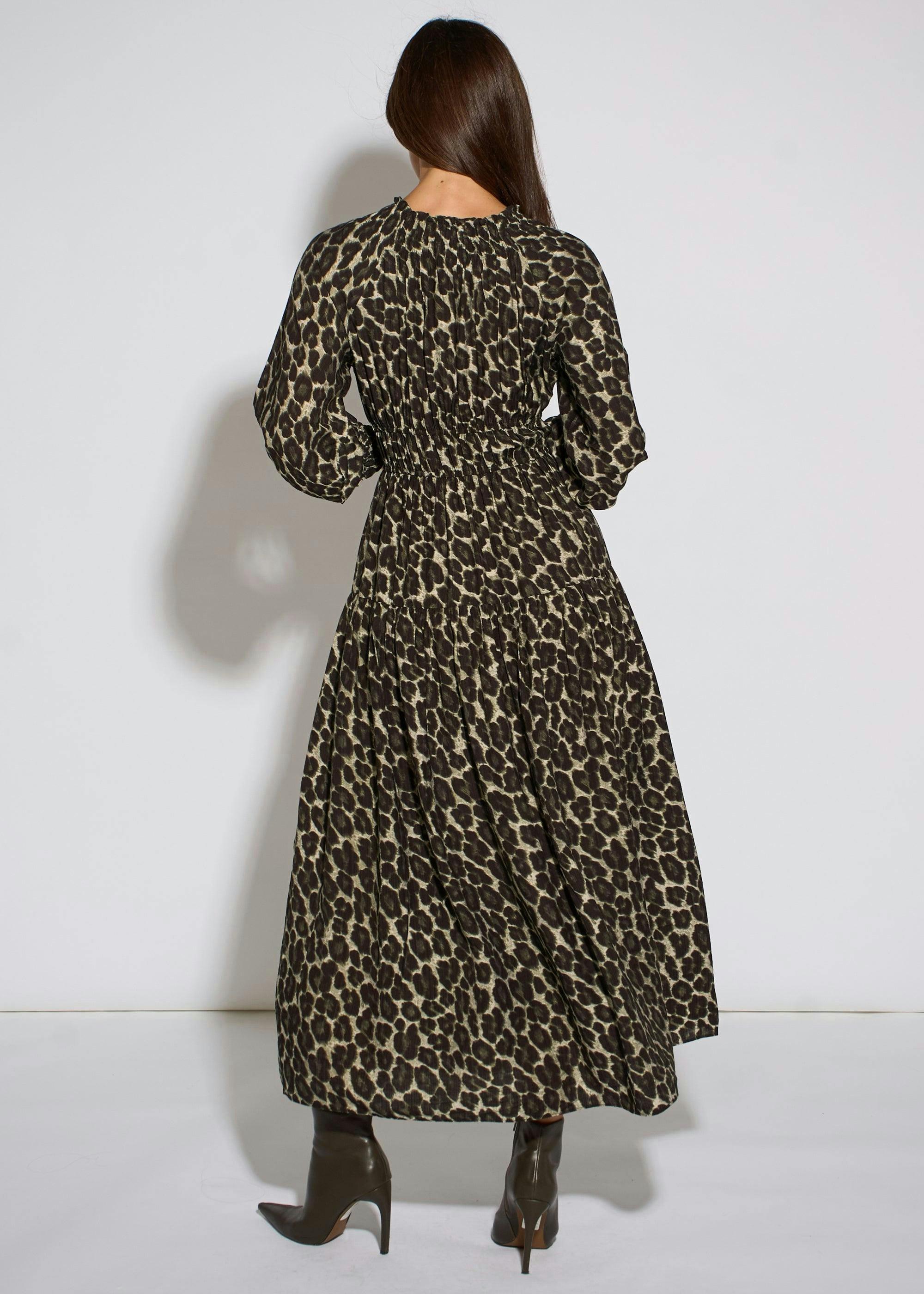 Khaki Animal Print Shirred High Neck Maxi Dress , view 2 of 4