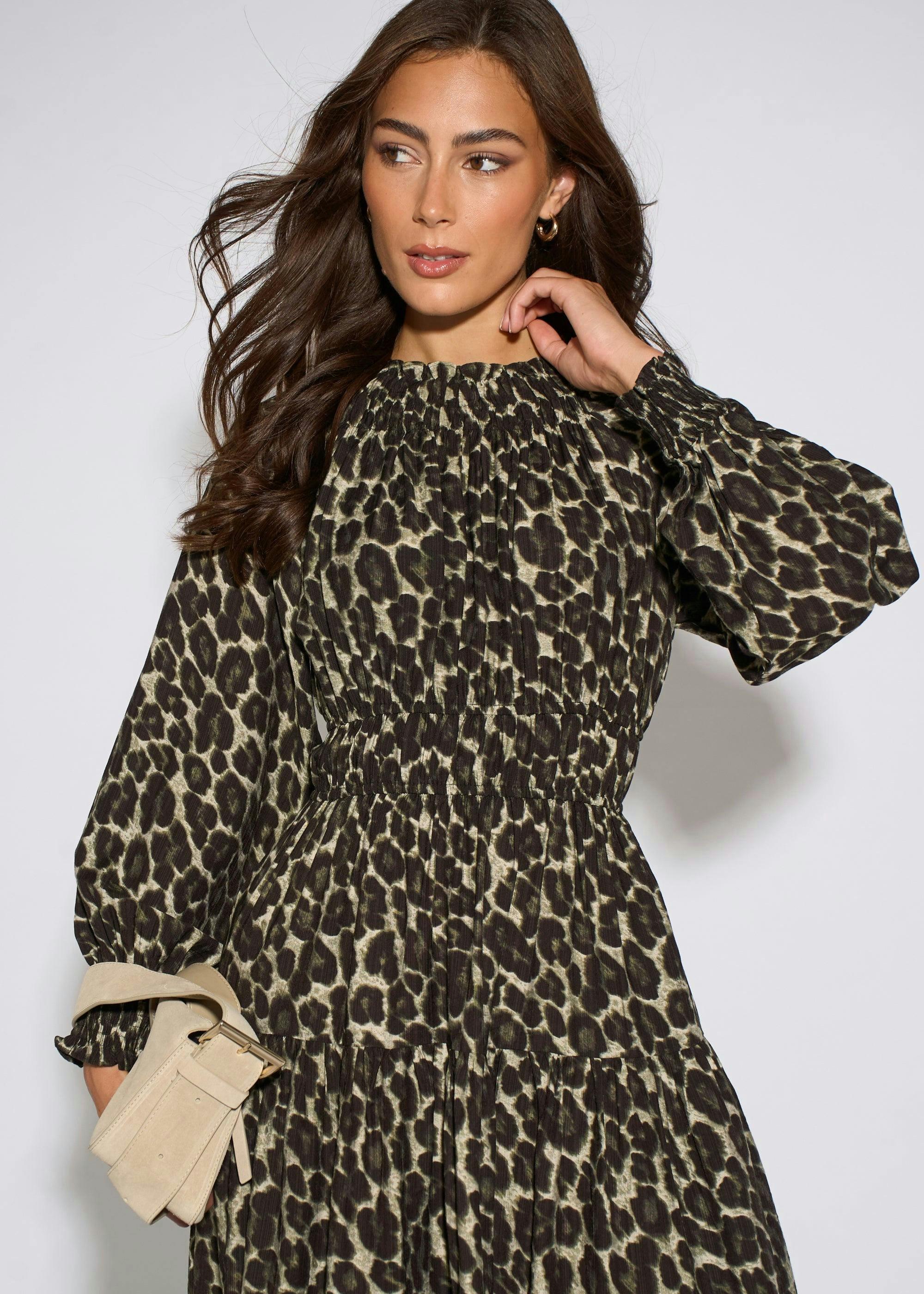 Khaki Animal Print Shirred High Neck Maxi Dress , view 3 of 4