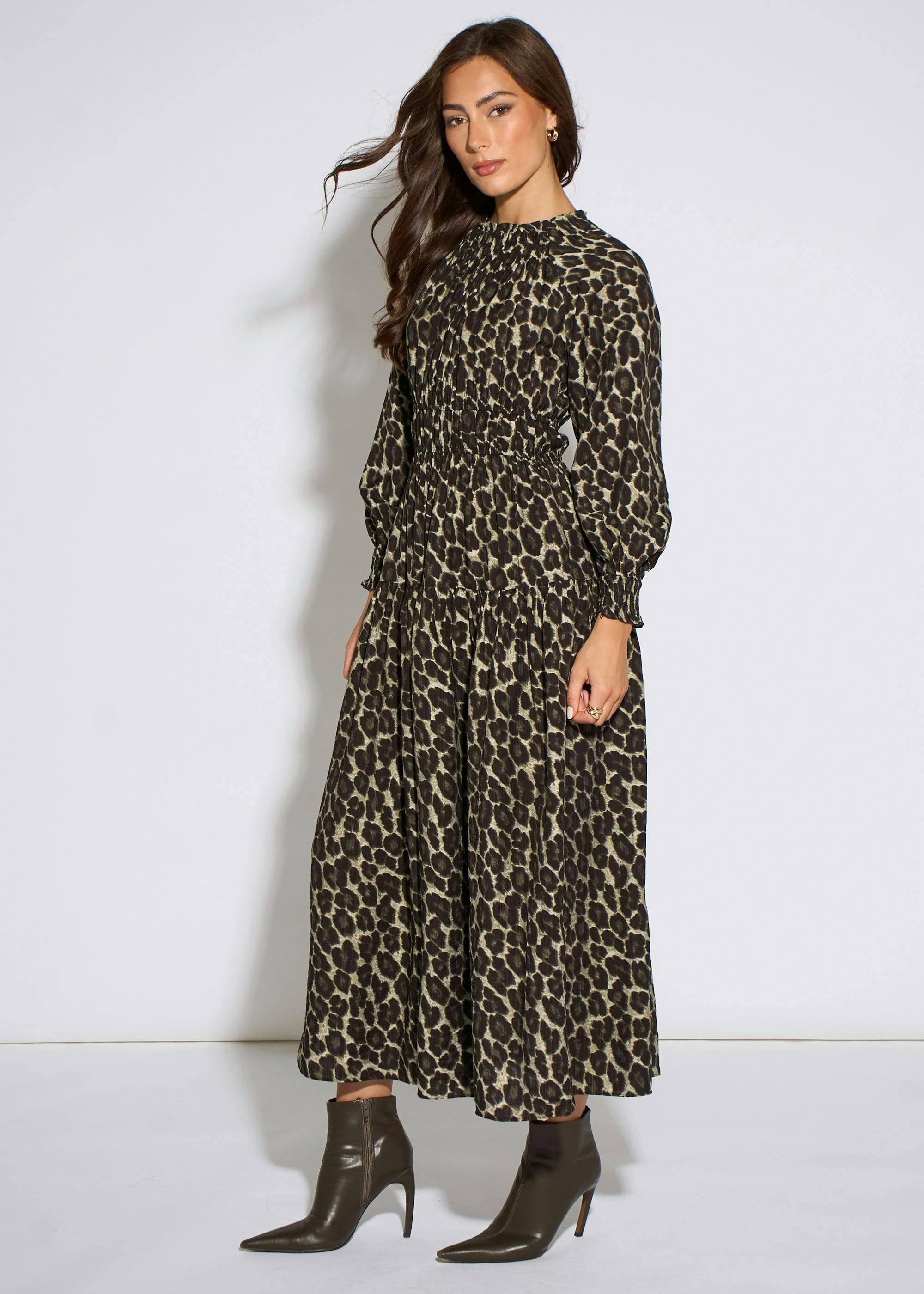 Khaki Animal Print Shirred High Neck Maxi Dress , view 4 of 4