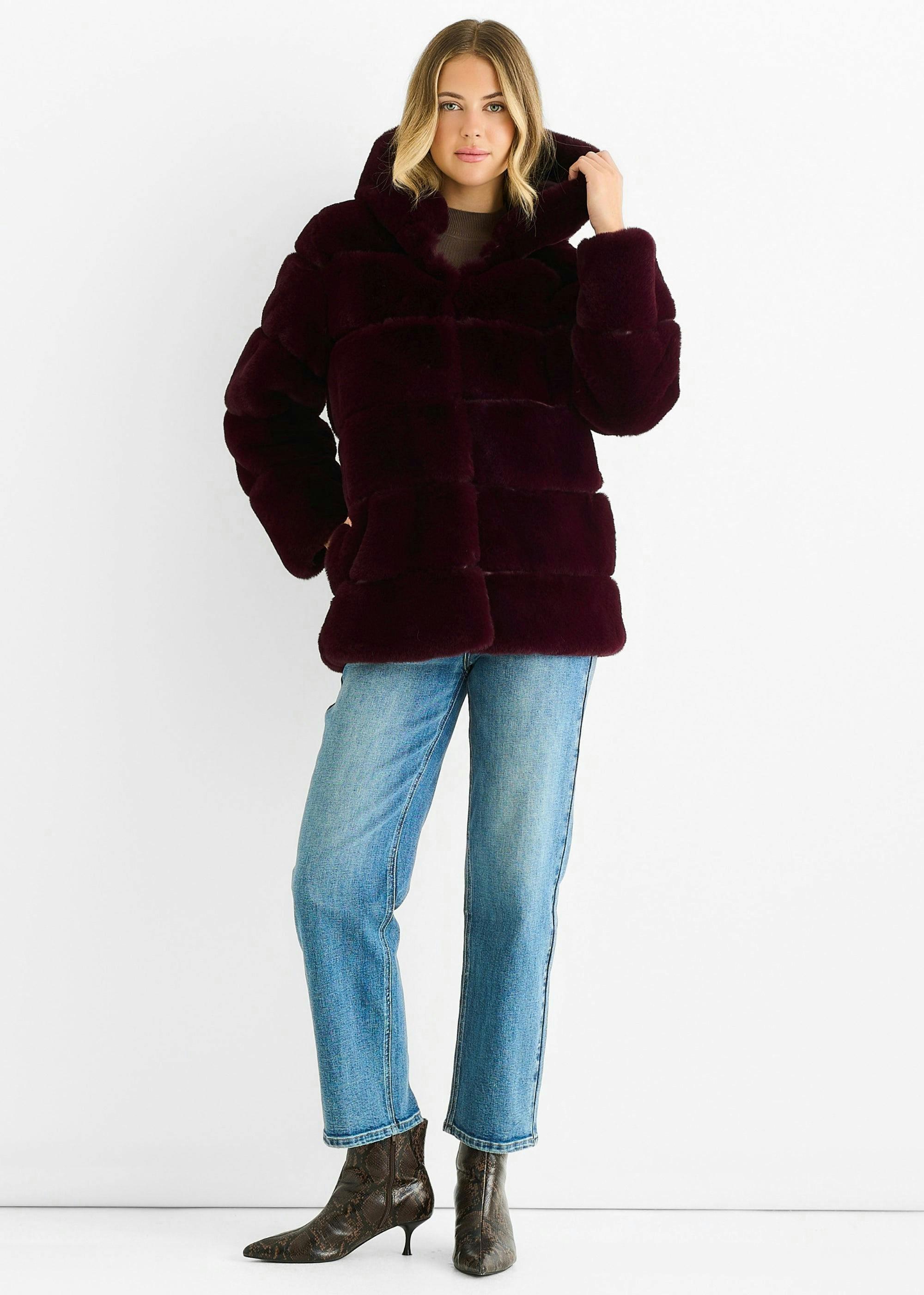 Dark Burgundy Horizontal Cut Fur Hooded Jacket , view 2 of 4