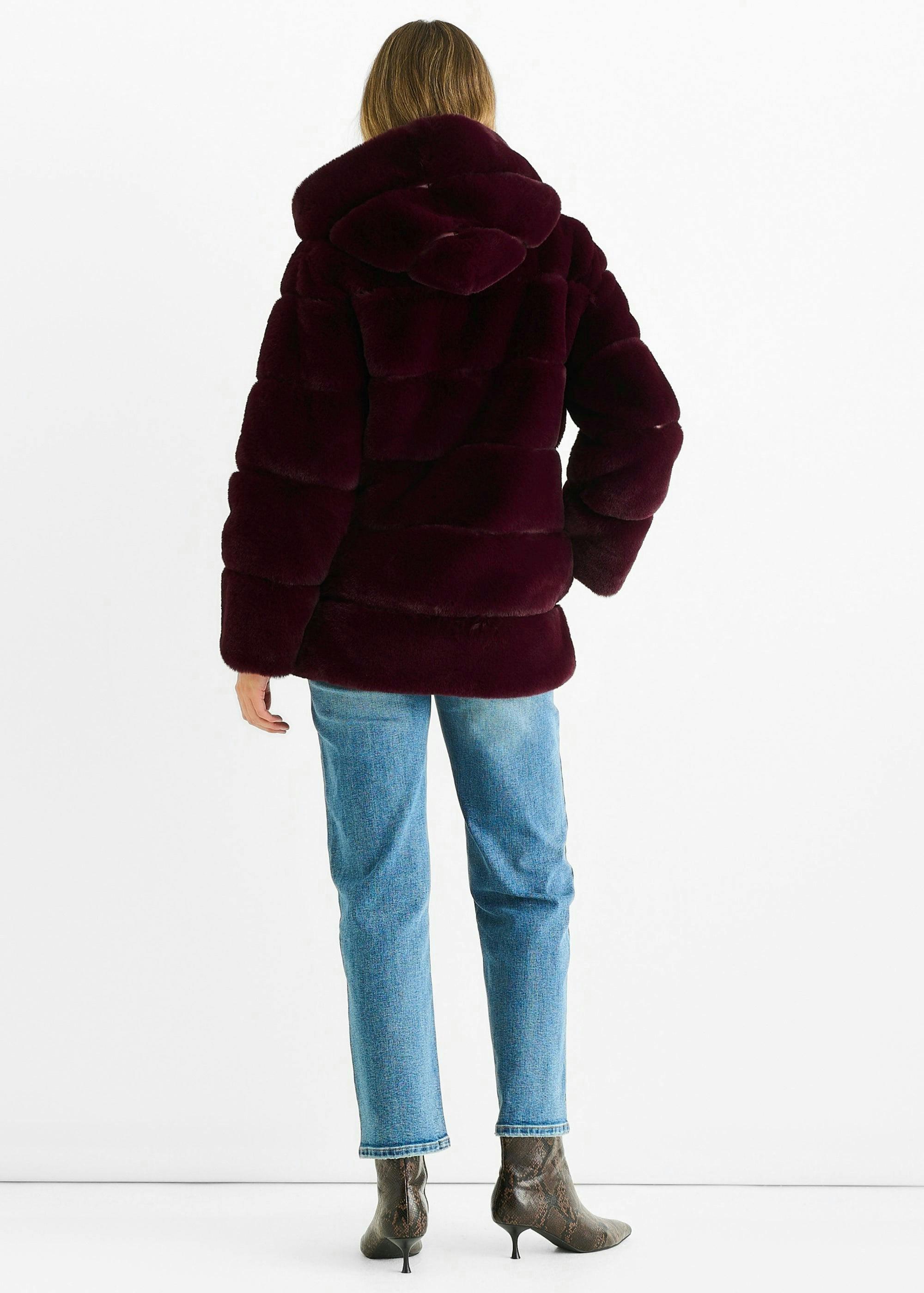 Dark Burgundy Horizontal Cut Fur Hooded Jacket , view 3 of 4