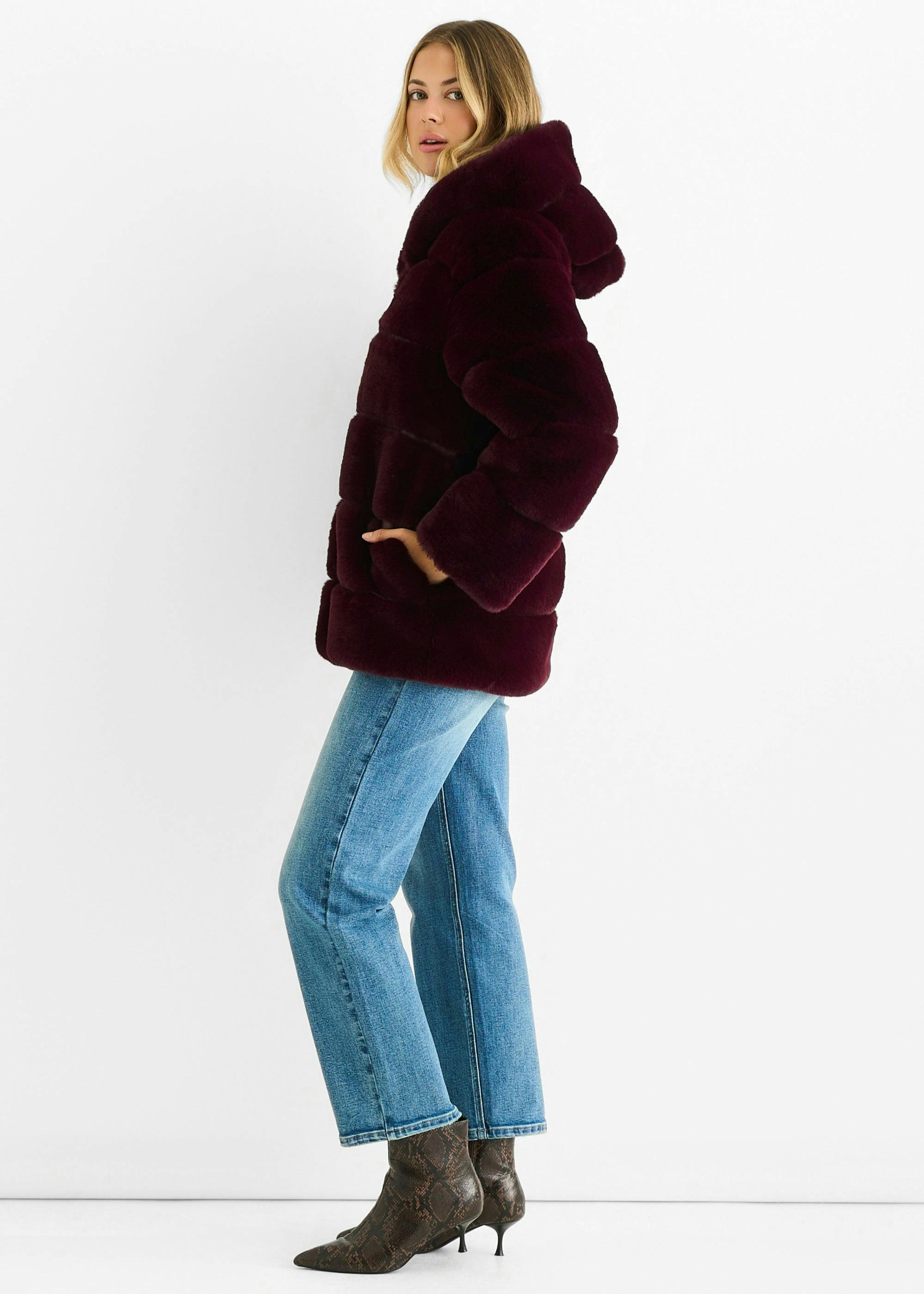 Dark Burgundy Horizontal Cut Fur Hooded Jacket , view 4 of 4